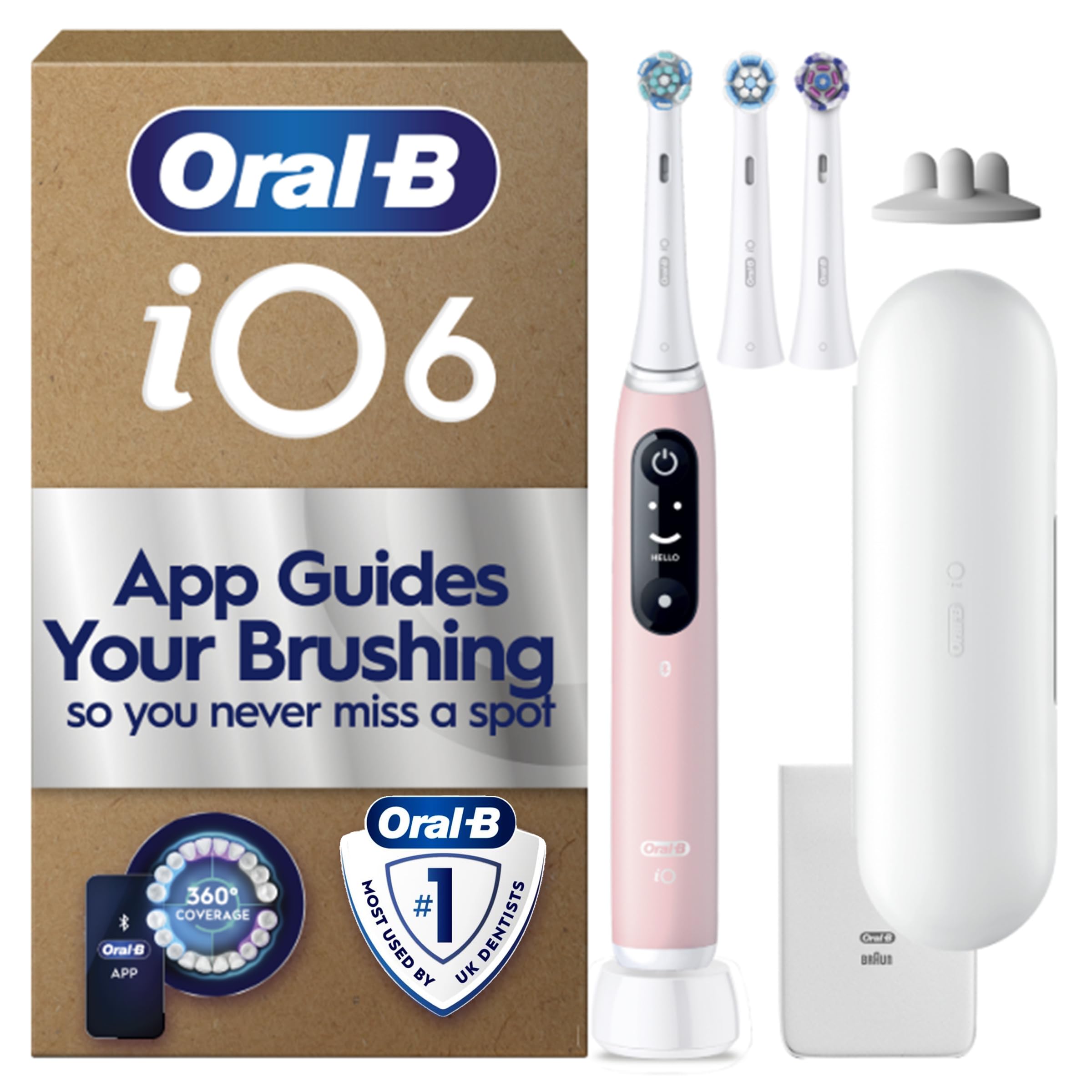 Oral-B iO6 Electric Toothbrush for Adults, Pink - 3 Toothbrush Heads, Travel Case and Toothbrush Head Holder, 5 Modes with Teeth Whitening, UK Two Pin Plug