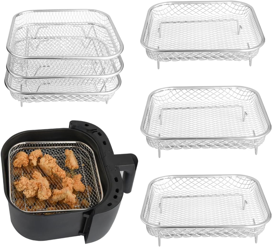 8 inch Air Fryer Racks, Stackable Air Fryer Accessories, Stainless Steel Dehydrator Rack, Durable & Dishwasher Safe,for 4.2QT - 5.8QT, Compatible with Ninjia Gowise Philips (Square3PCS)