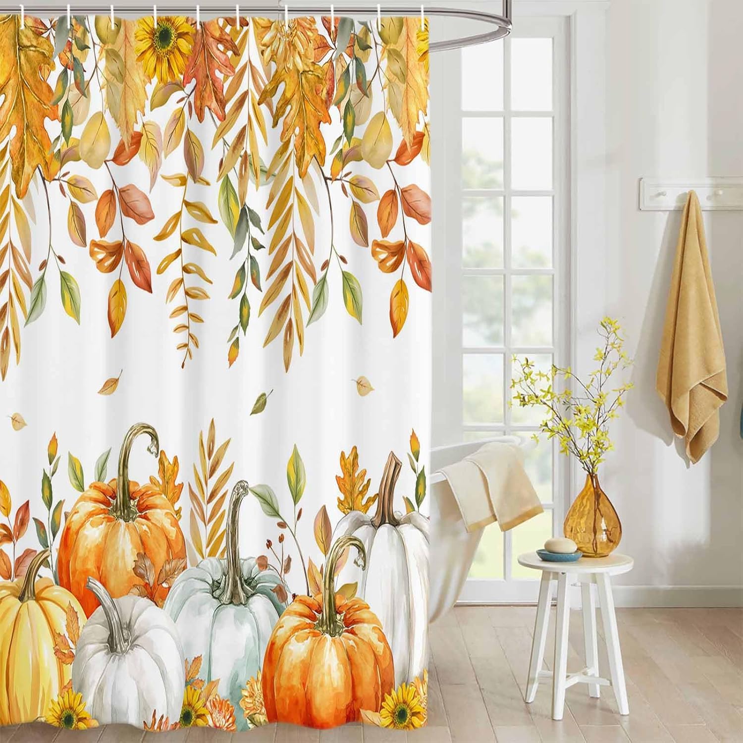 Fall Pumpkin Shower Curtain, Thanksgiving Orange White Pumpkin Waterproof Fabric Shower Curtain Set with Hook for Bathroom, Sunflower Leaves Small Stall Bath Curtain for Bathtubs Decor 36"x78"