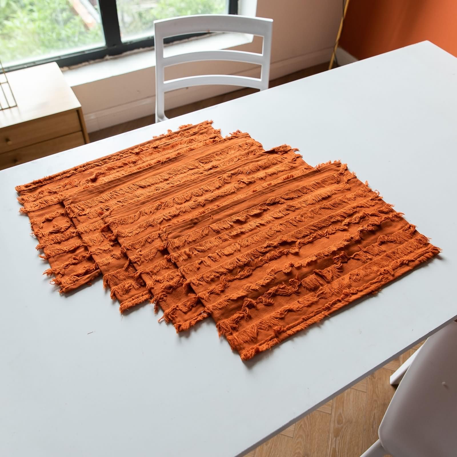 Set de Table Rectangulaire, 30 x 45 CM, 6PCS, Set de Table Coton Lin Rayures Découpées Style Française, Orange