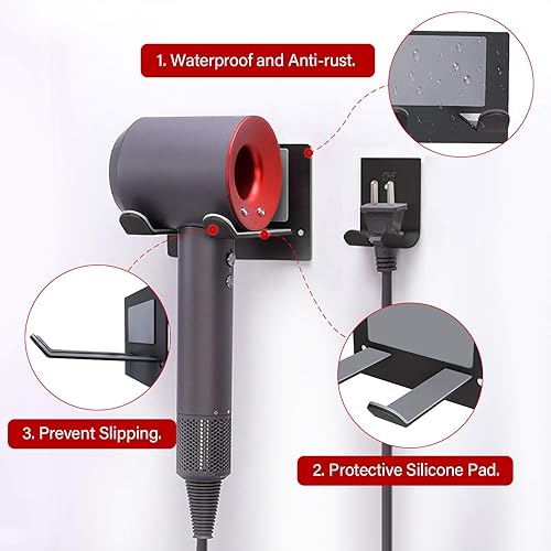 Miniatura 3 de FLE Soporte para secadora de pelo montado en la pared, autoadhesivo, organizador para secadora de pelo compatible con la mayoría de secadores de