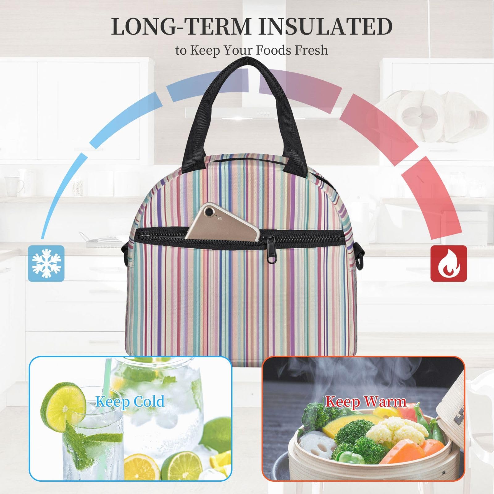 Sac à déjeuner isotherme réutilisable à rayures colorées pour adultes pour le travail, les voyages, les femmes et les hommes