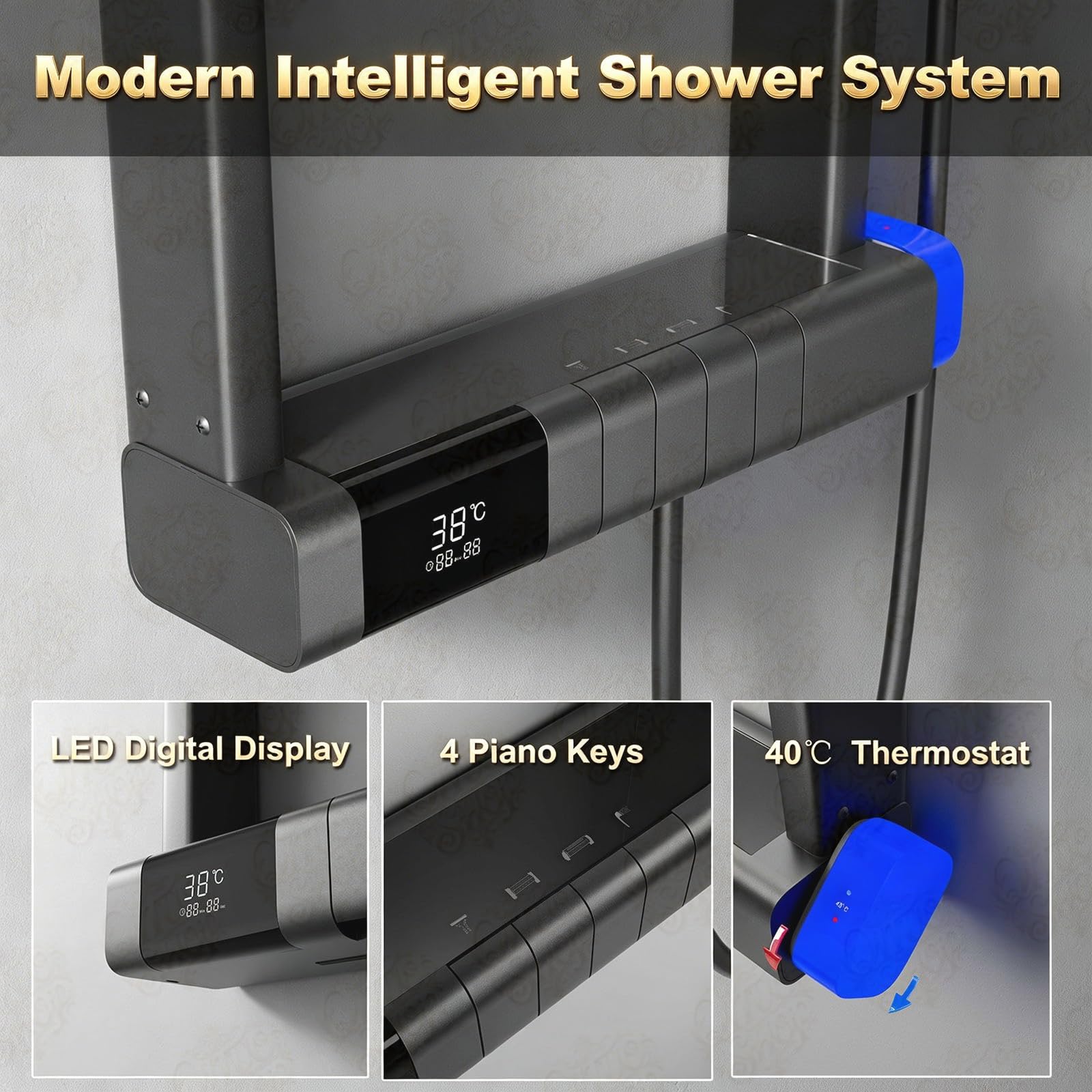 Sistema de ducha termostático con 6 funciones, juego de ducha completo con 4 modos de pulverización y cabezal de ducha de mano, diseño moderno de teclas de piano, fácil instalación