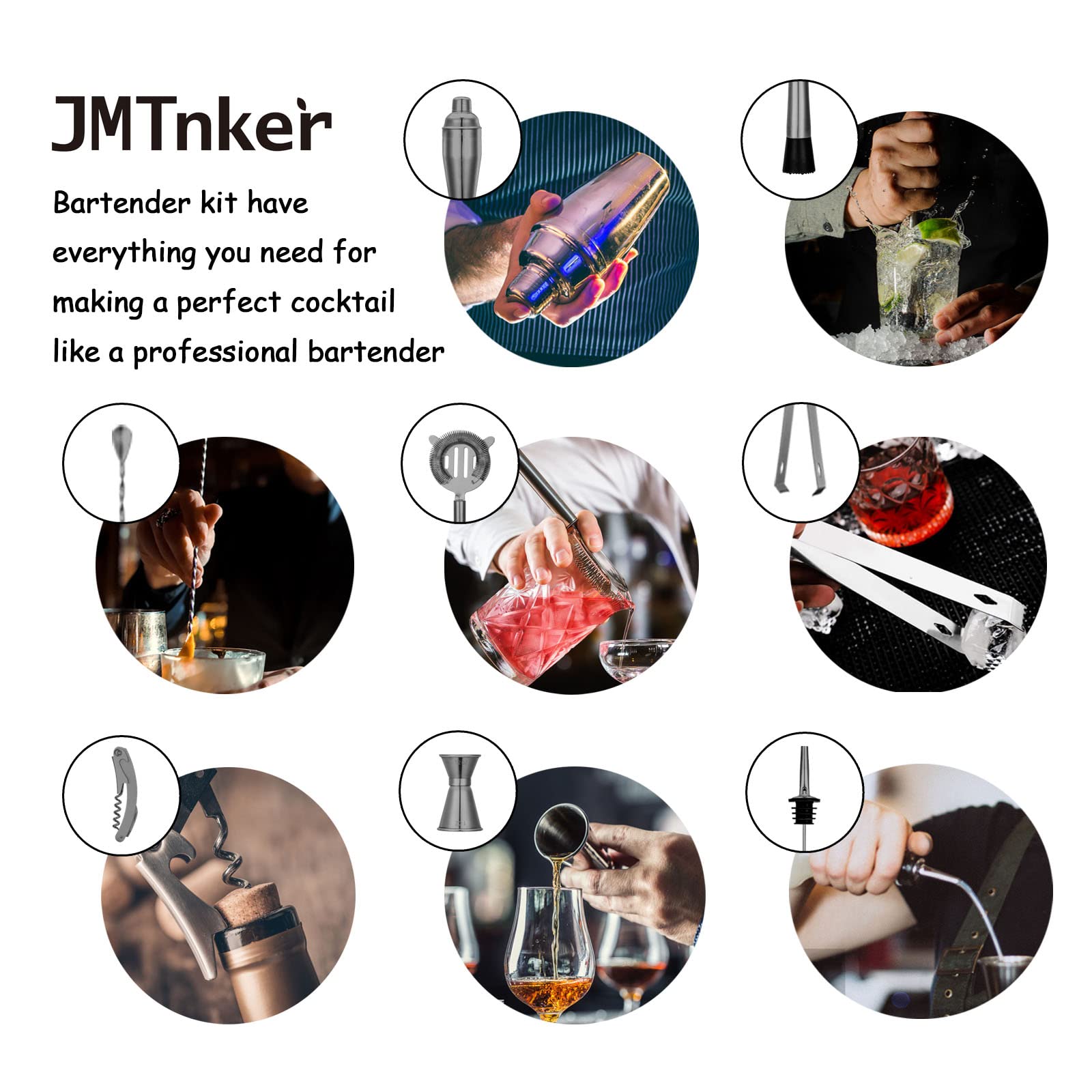 Juego de coctelera negra con soporte de bambú | Hermoso juego de barra negra para bar en el hogar. Kit de bar perfecto juego de herramientas y accesorios de barra para increíble mezcla de bebidas