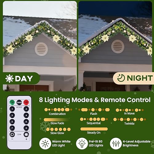 Miniatura 7 de Guirnalda de Navidad con luces Dailyart de 9 pies, 80 luces LED de Navidad preiluminadas con temporizador decoradas con bola de flores de Navidad,