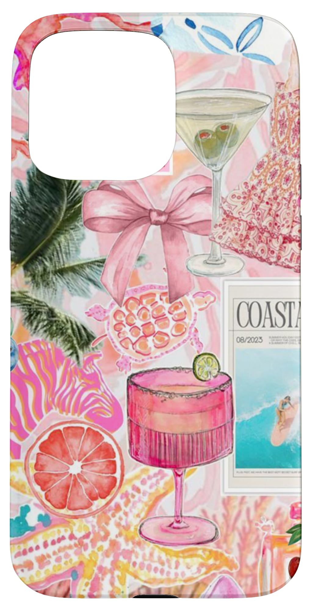 Summer Coastal Coquette Cocktail Palm Tree & Pink Bow Case for iPhone 15 Pro Max