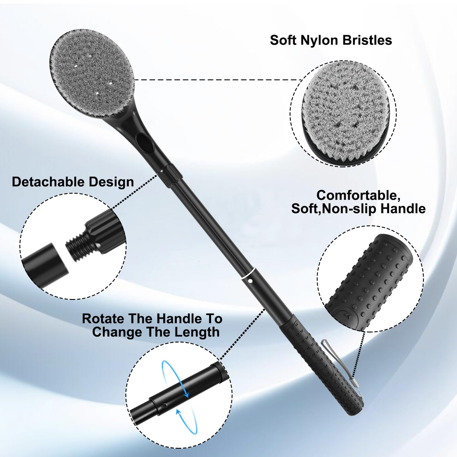 Gobiteli Brosse de douche pour le dos pour douche, 63,5 cm de long manche pour exfoliant le corps et nettoyage en profondeur, brosse à dos pour homme, femme et personnes âgées