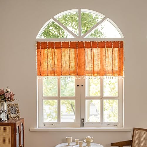 Miniatura 72 de Deeprove Cenefa Bohemia Blanca con Borlas para Decoración de Cocina y Cafetería, Cortinas Cortas de Algodón y Lino Crema Estilo Bohemio Rústico,