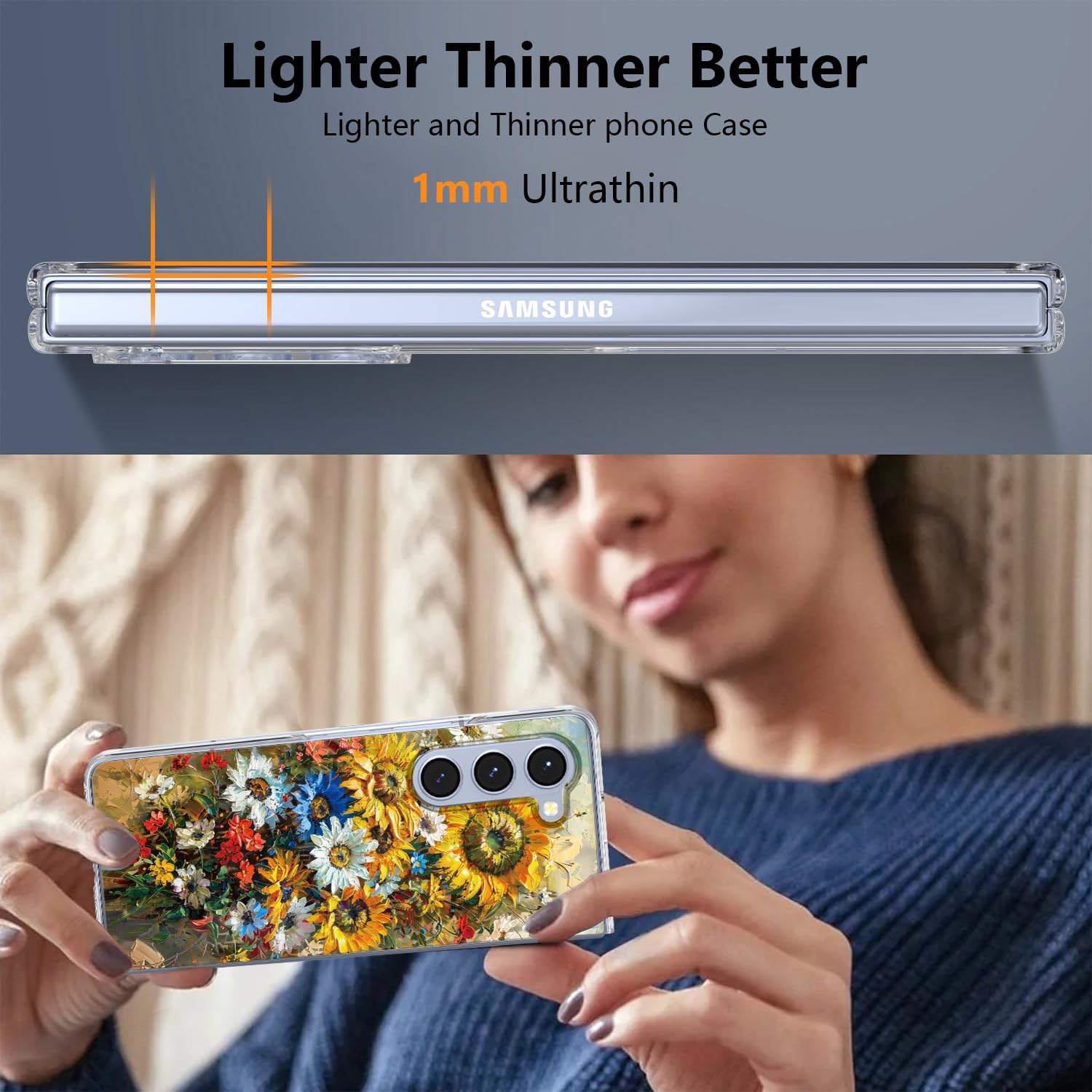Magnetic for Galaxy Z Fold 4 Case, Clear Case with Flowers, Slim Anti-Yellow Hard PC Protective Soft TPU Bumper Cute Case for Samsung Galaxy Z Fold 4, Sunflower(10-86)