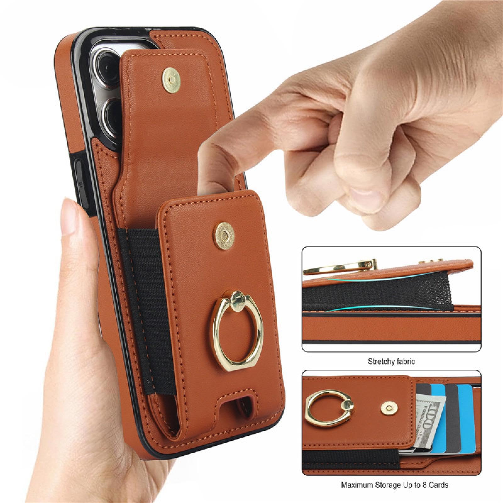 Für iPhone 15 Plus Luxus-Ring-Leder-Brieftaschen-Karten-Telefonhülle Flip-Stand-Cover (Für iPhone 15 Plus/Beige)