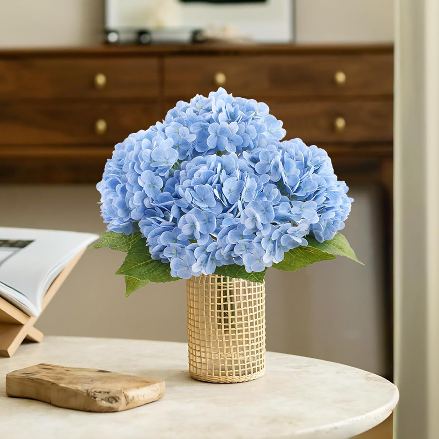 Sherika 22" Real Touch Hydrangea Artificial Flowers, 3Pcs Blue Full Latex Faux Hydrangea Fake Flowers with Long Stem & Leaves for Home Decor Party Floral Arrangements Centerpieces Wedding Bouquets - Image 4