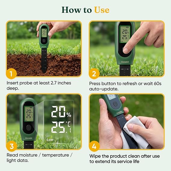 Grenebo 3-in-1 Soil Moisture Meter, Digital Plant Water Meter, Temperature & Sunlight Intensity Sensor, LCD Display Soil Tester for Gardening, Farming, Plant Care, Indoor & Outdoor Plants, 2 Pack