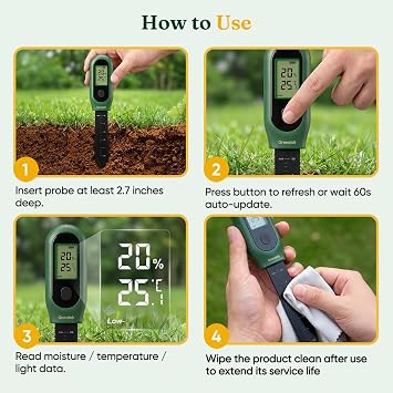 Grenebo 3-in-1 Soil Moisture Meter, Digital Plant Water Meter, Temperature & Sunlight Intensity Sensor, LCD Display Soil Tester for Gardening, Farming, Plant Care, Indoor & Outdoor Plants, 2 Pack