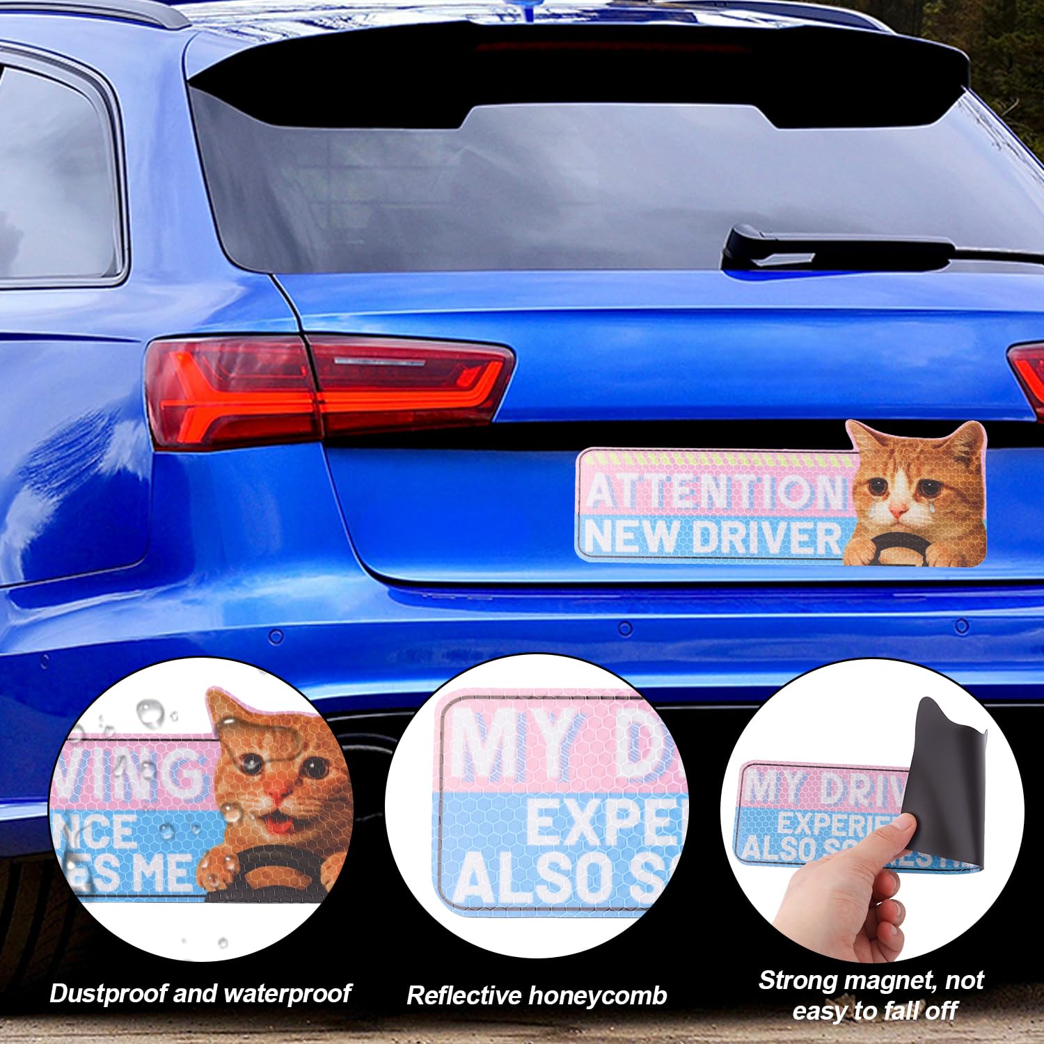 lasuroa 4pz Gatto Magneti per Auto Neopatentati, Divertenti Cartone Animato Riflettenti Magneti Studenti alla Guida Riutilizzabili Adesivi Magnetici per Paraurti Auto Segnaletica di Sicurezza