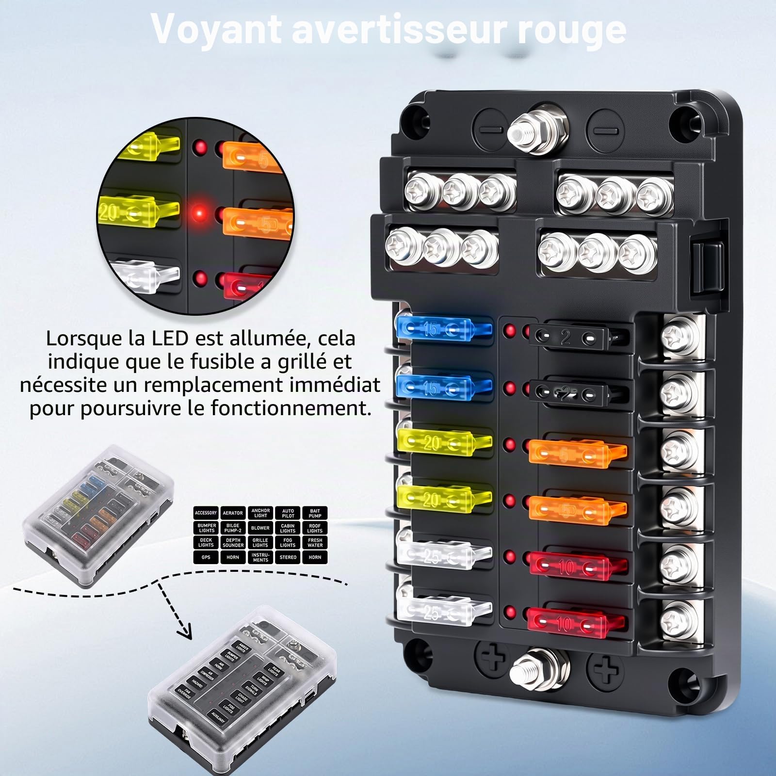 Gerbala 12 Voies Boîte à Fusibles, Blocs Fusible Lame avec Indicateur LED, porte fusible 12V etanche, avec 30 Fusibles à Lame, Couvercle Anti-Poussière, pour 12V/24V DC Voiture, Bateau, Camion