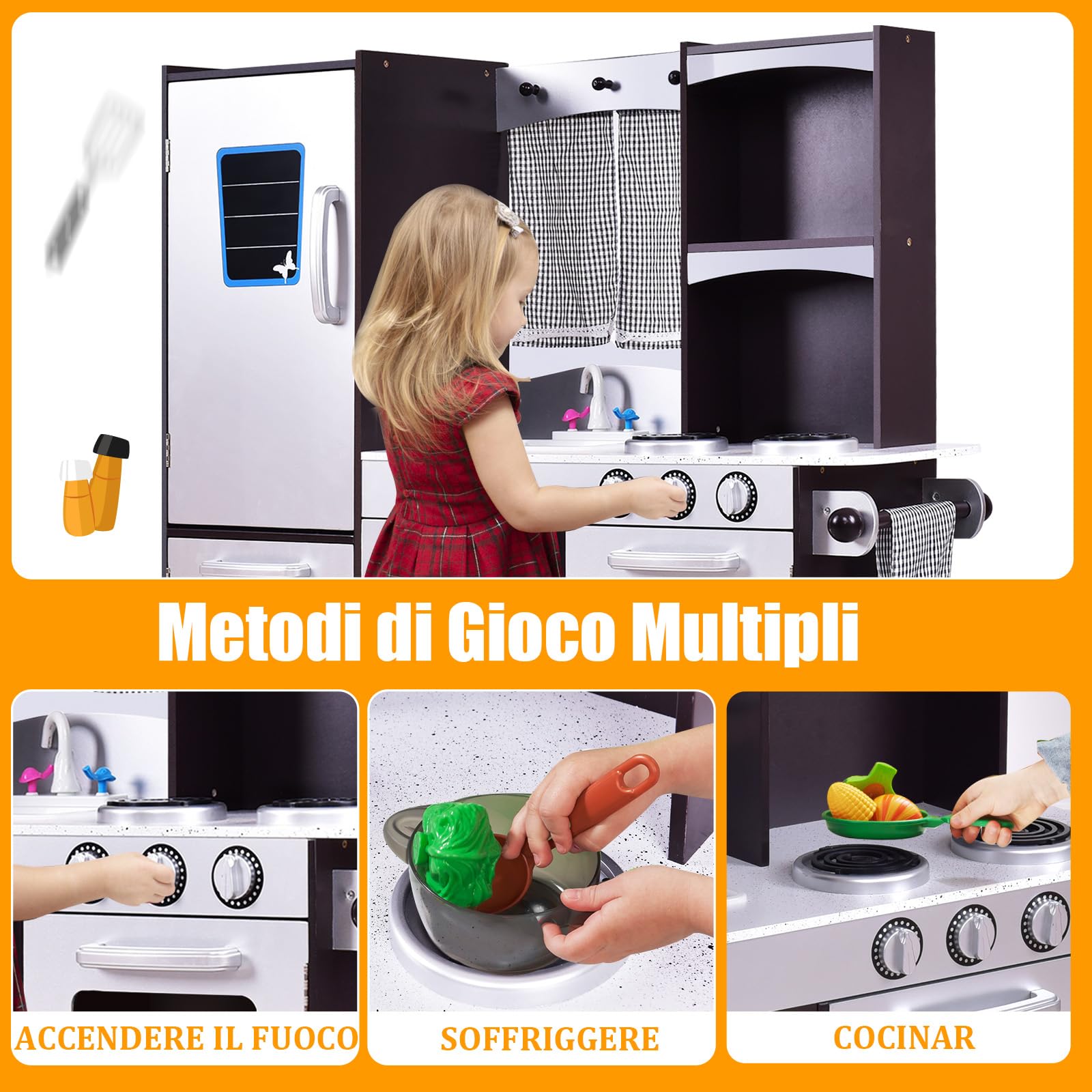 RELAX4LIFE Cucina Giocattolo in Legno per Bambini, Mini Cucina con Forno, Microonde e Frigorifero, Accessori Realistici, Natale/Compleanno/Feste