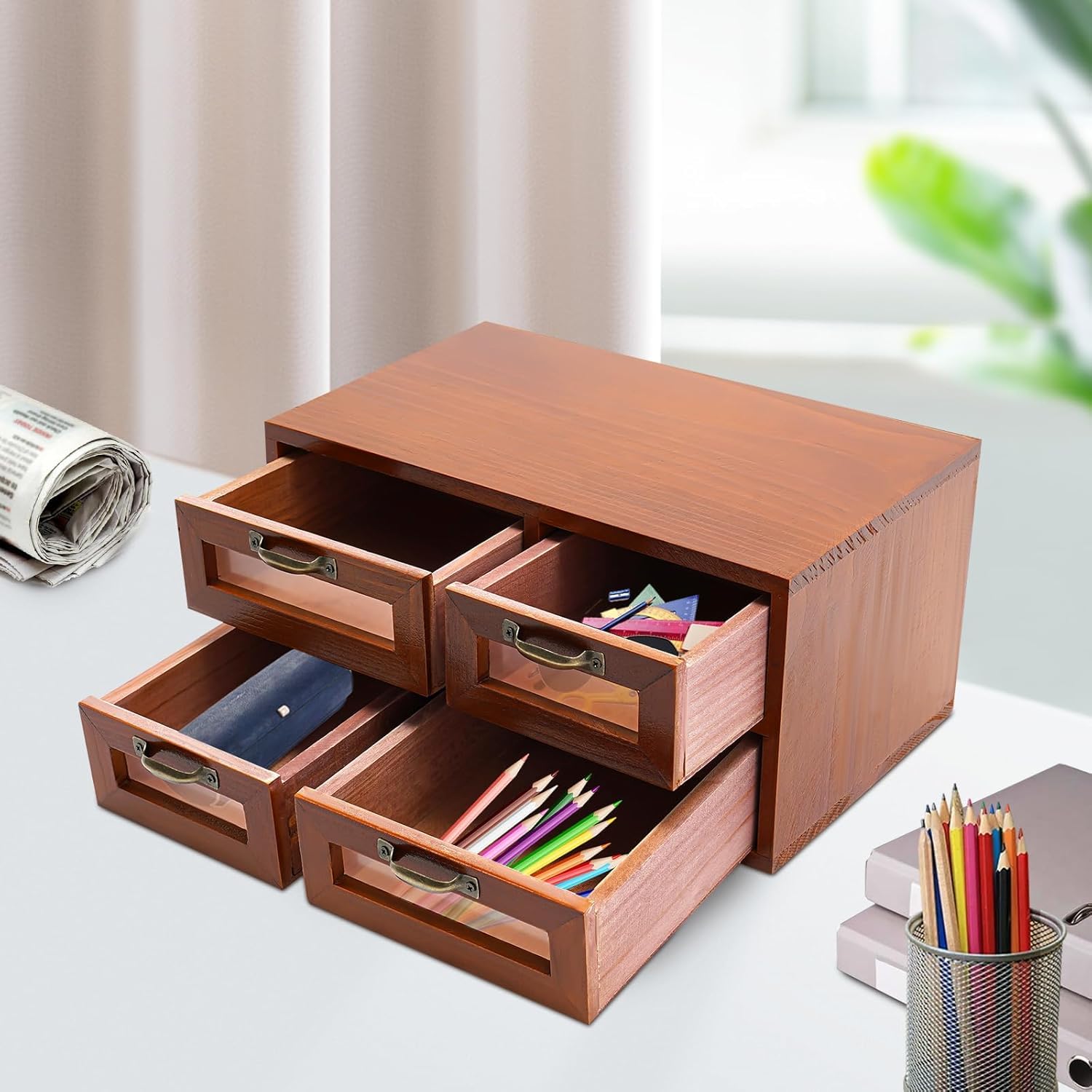 Organizzatore da Scrivania Multilivello in bambù con 16 Cassetti Trasparenti - Mobiletto in Legno per Ufficio E Casa - Elegante Mobiletto da Tavolo in Stile Farmacia per Brown 4 Drawer