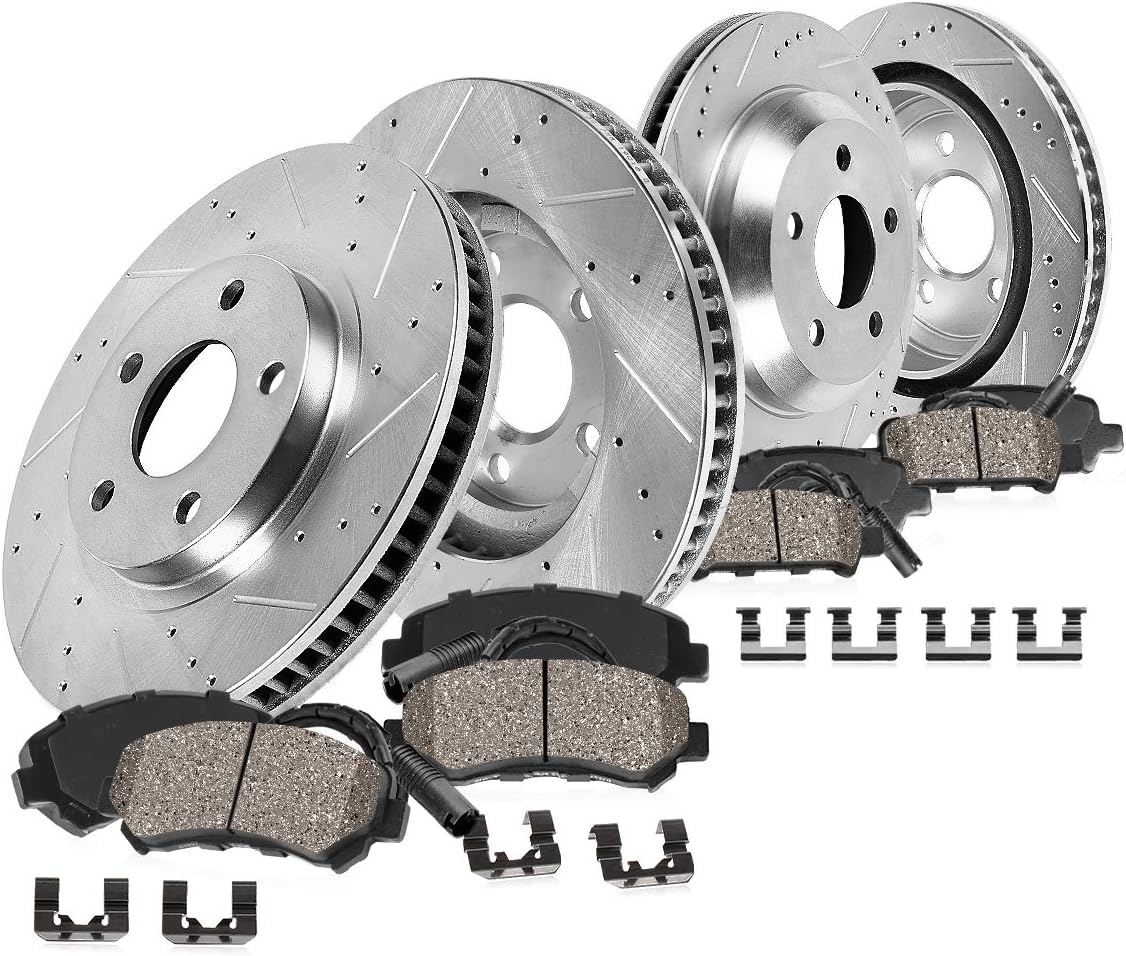 Callahan Brake Parts Front and Rear Brake Kit For BMW 535i 2008-10 |545i 2004-05 |550i 2006-10 |645Ci 2004-05 - Drilled & Slotted Disc Rotors with Ceramic Brake Pads + Sensors & Hardware, EBYK034550