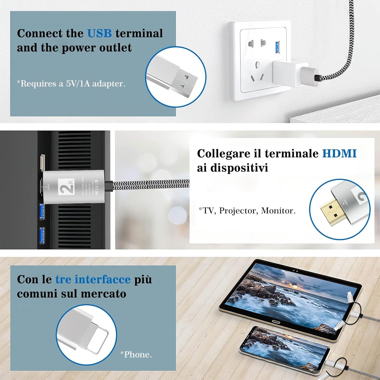 Ozvavzk Cavo Phone a HDMI 3 in 1 Adattatore Multiporta Type C Micro USB MHL Connettore 2K per Android Huawei Samsung Xiaomi Smartphone Cellulare alla TV Monitor Proiettore