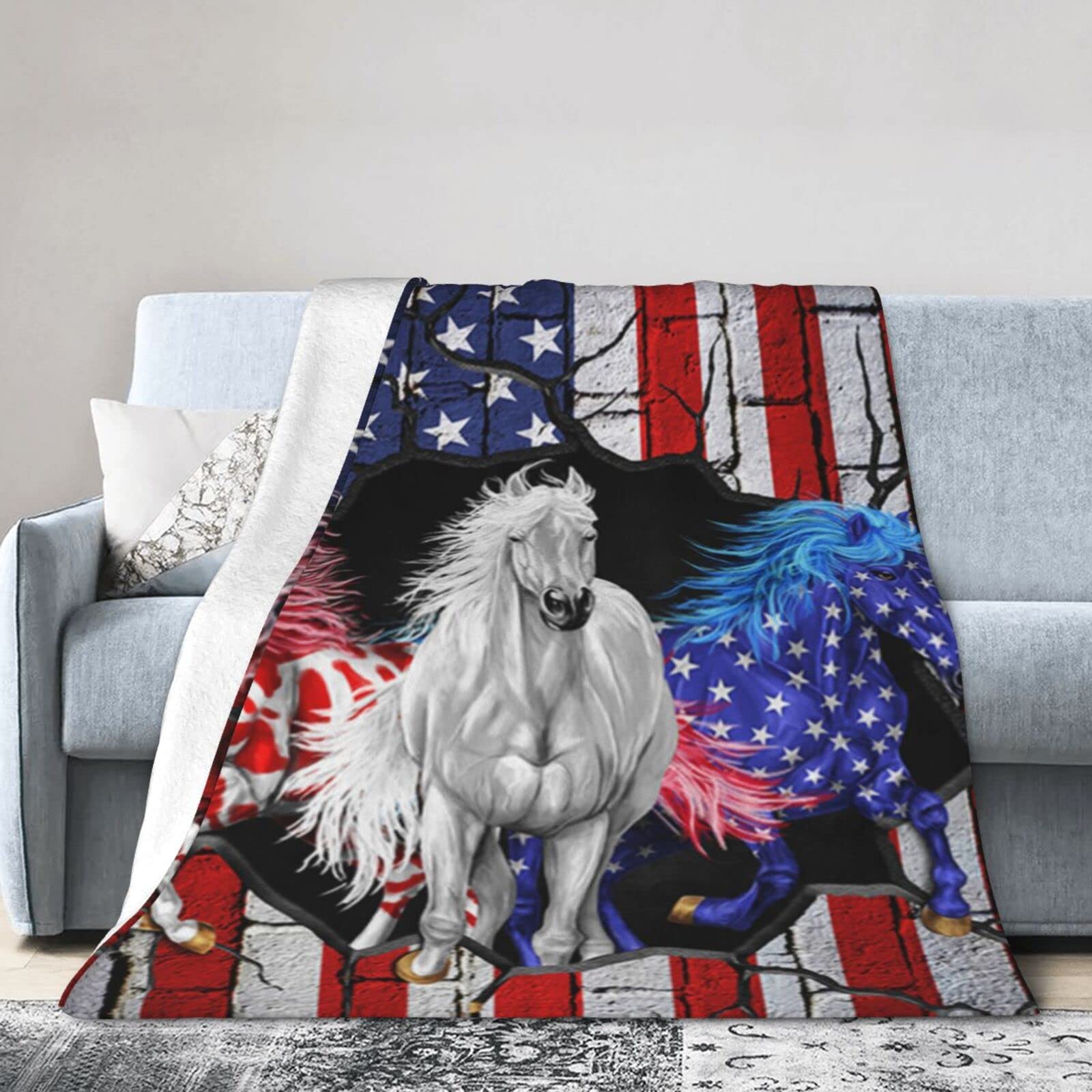 Lsjuee Christmas Flannel Fleece Blanket 50"X40" Patriotic Horses 4th of July Sofa Throw Blanket Lightweight Ultra-Soft Travel Winter Blankets for Boys Keep Warm