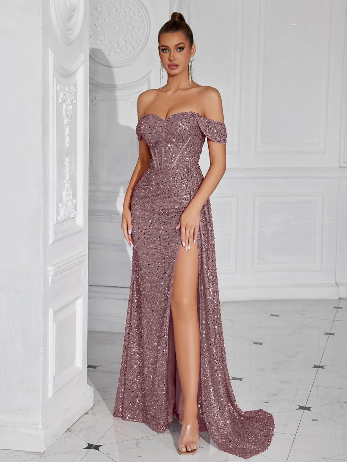 Evening Gowns Formal Dresses for Women Sequin Tulle Wedding Guest Cocktail Party Sexy Off Shoulder Floor Length Prom Dress - Image 3