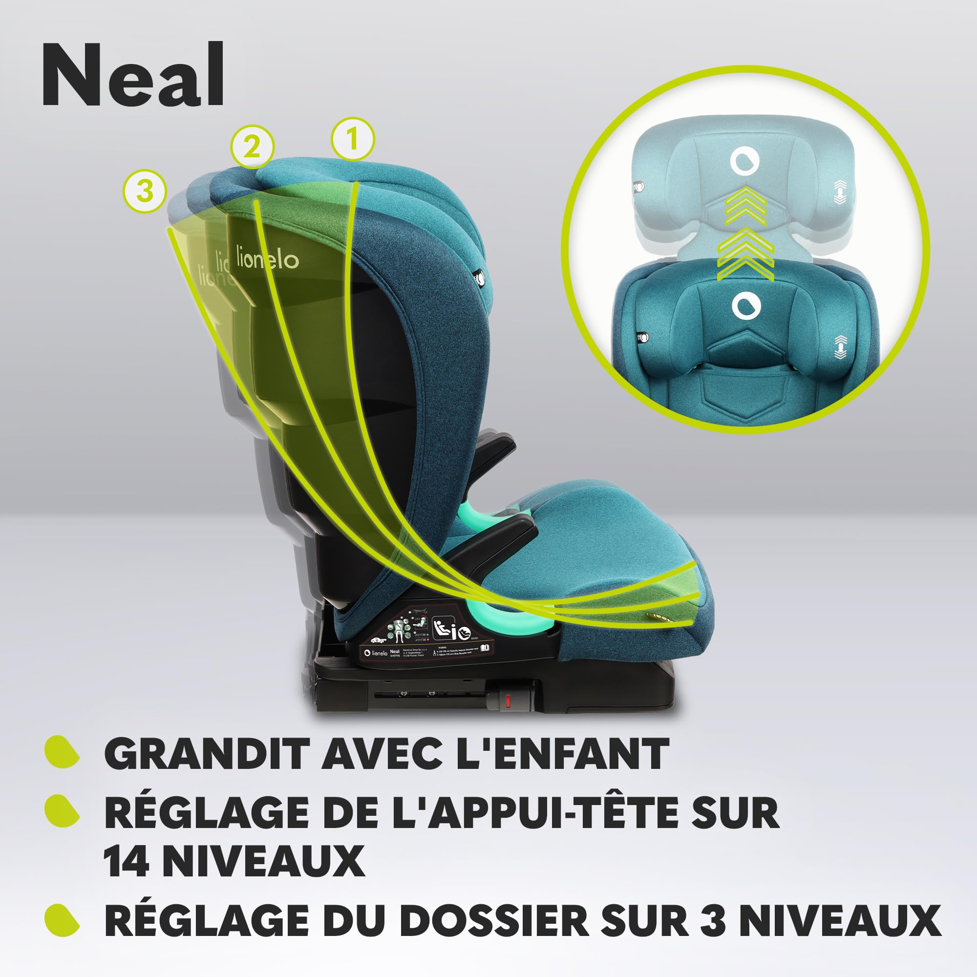 LIONELO Neal siege auto de 15 à 36 kg, Isofix, I-Size, 3 niveaux d’inclinaison, du dossier réglage de la hauteur de l’appui-tête, protection latérale, ventilation