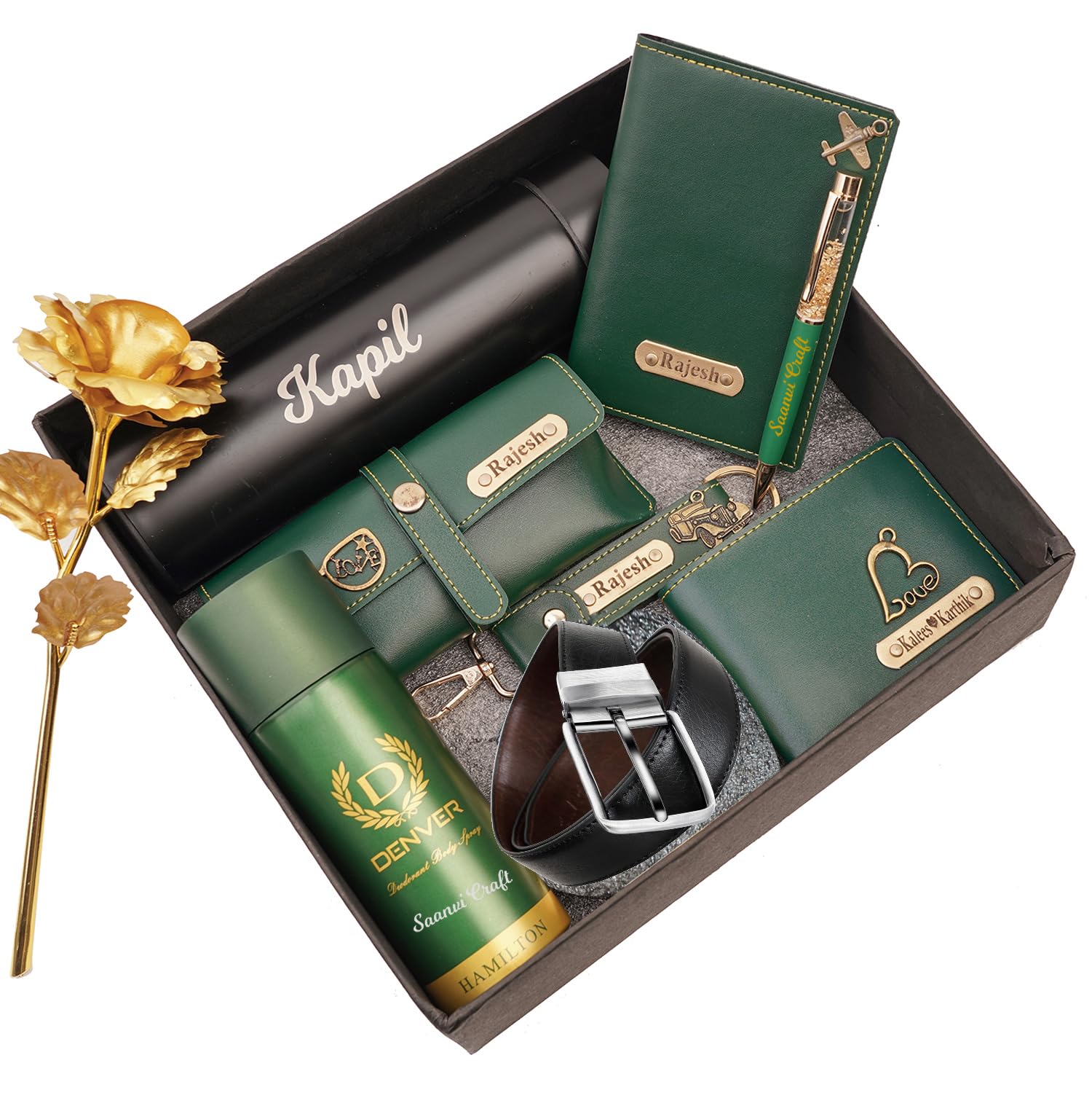 Your Name Customized Mens Gift Hamper Set with Water Bottle, Passport Cover, Pen, Men Wallet, Sunglasses Cover, Keychain, Men Deodorant, Golden Rose and Mens Belt (Green)-image-16