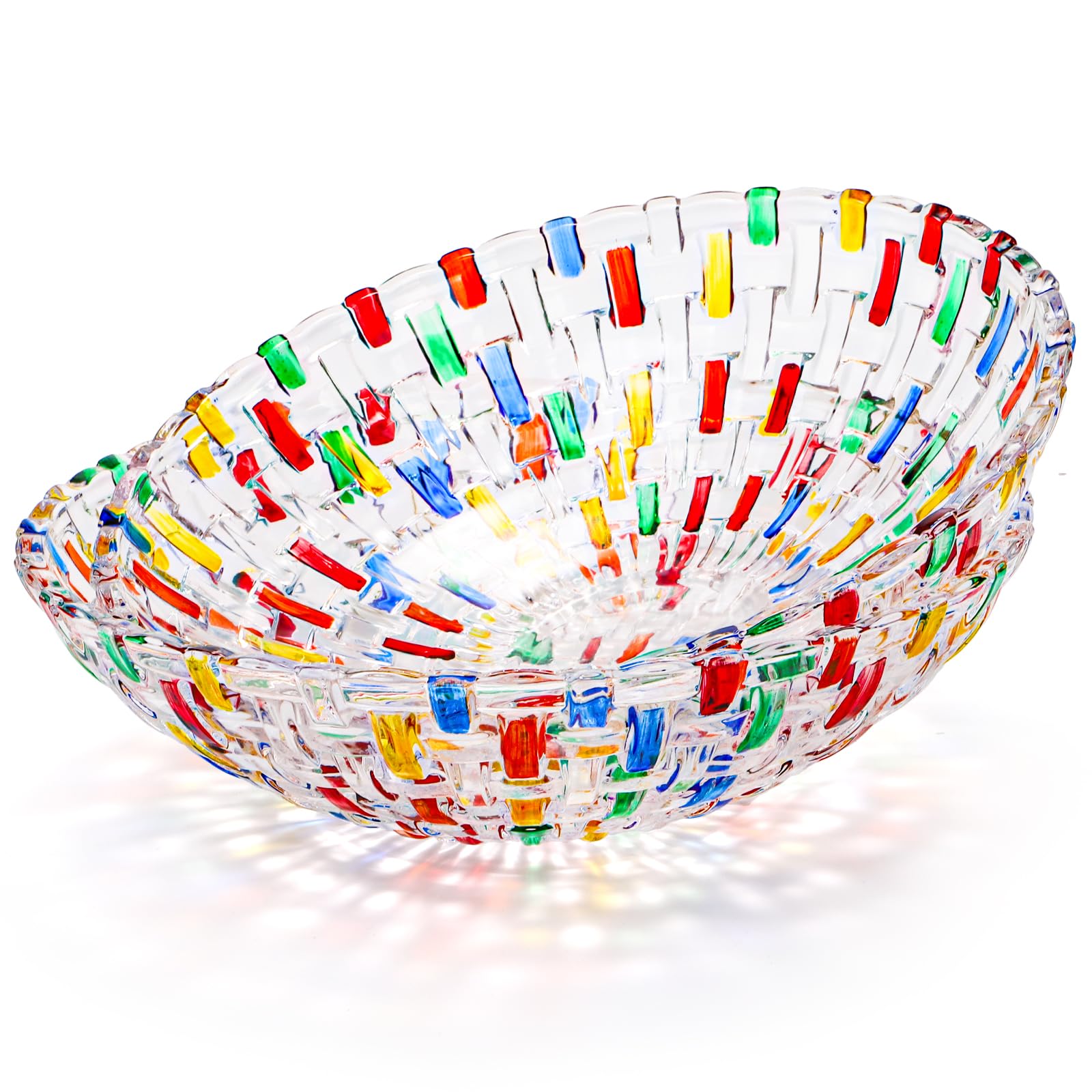 Paquete de 2 cuencos de frutas de cristal coloridos, cuencos de vidrio tejidos pintados a mano de 10 pulgadas, plato grande decorativo para mostrar ensalada, postre, pastel, dulces, aperitivos 8