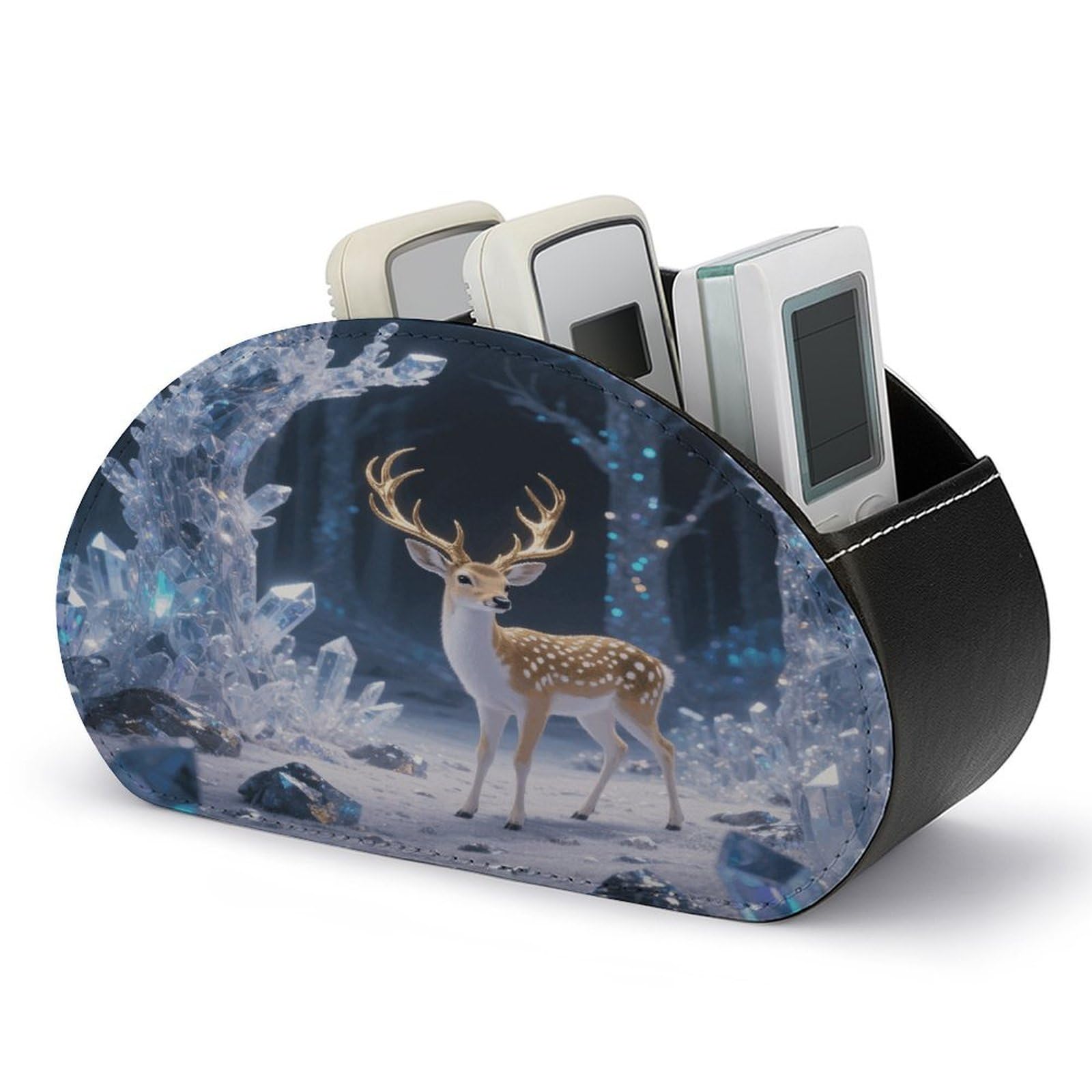 VstaDank Deer in Crystal Forest Remote Control Holder with 5 Compartments PU Leather TV Remoter Caddy Desktop Organizer TV Remote Holder Remote Box for Media Controllers Office Supplies