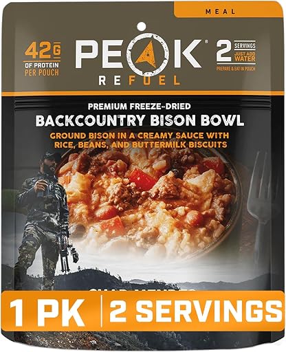 Peak Refuel Backcountry Bison Bowl Freeze-Dried Camping Meal, | 42g protein, real bison game meat, Chad Mendes signature meal, 930 calories, lightweight, ready in 10 minutes, 2 servings