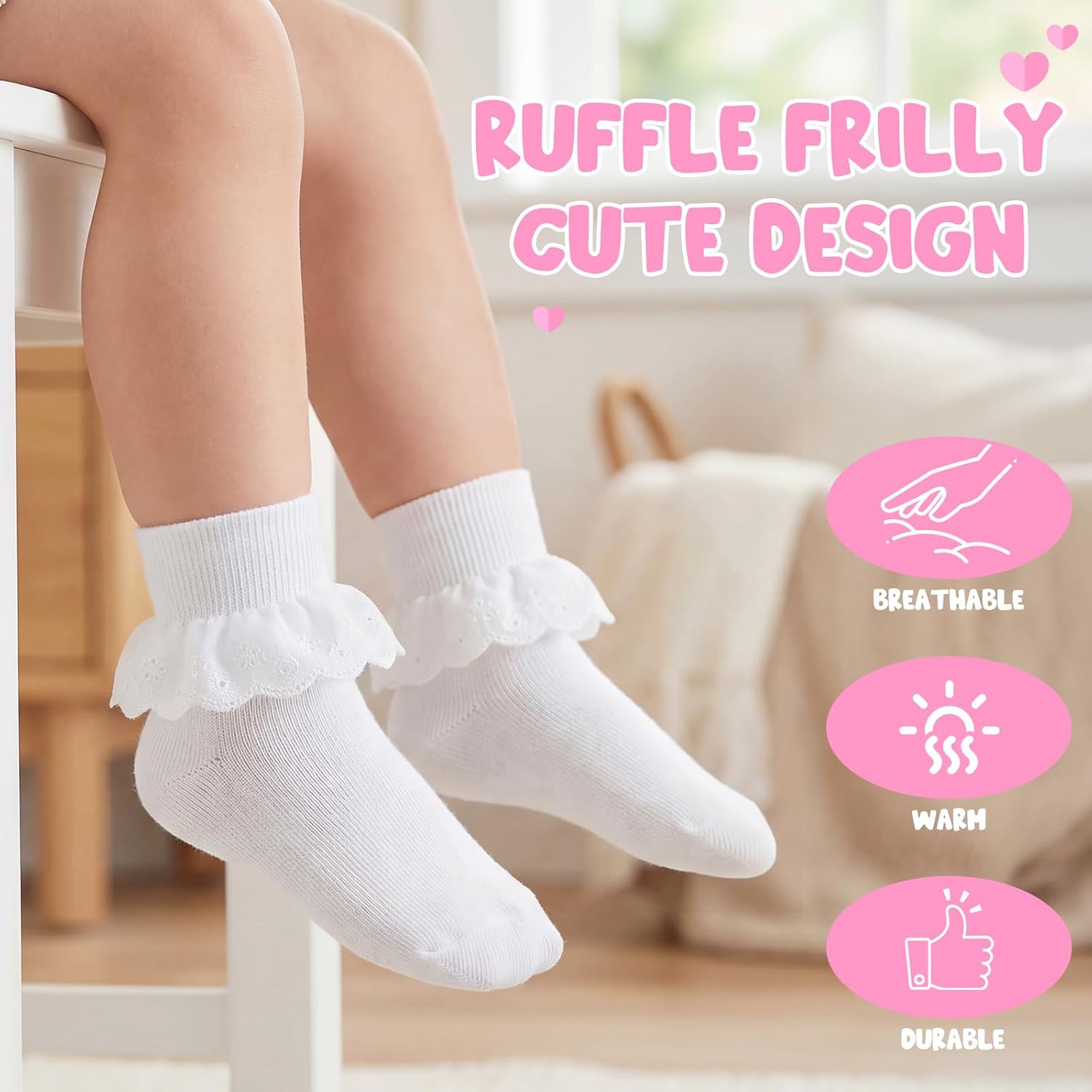 Geyoga 6 Pairs Lace Ruffle White Socks for Little Girls Toddlers, Cotton 2-way Wear Frilly Foldable Dress Socks