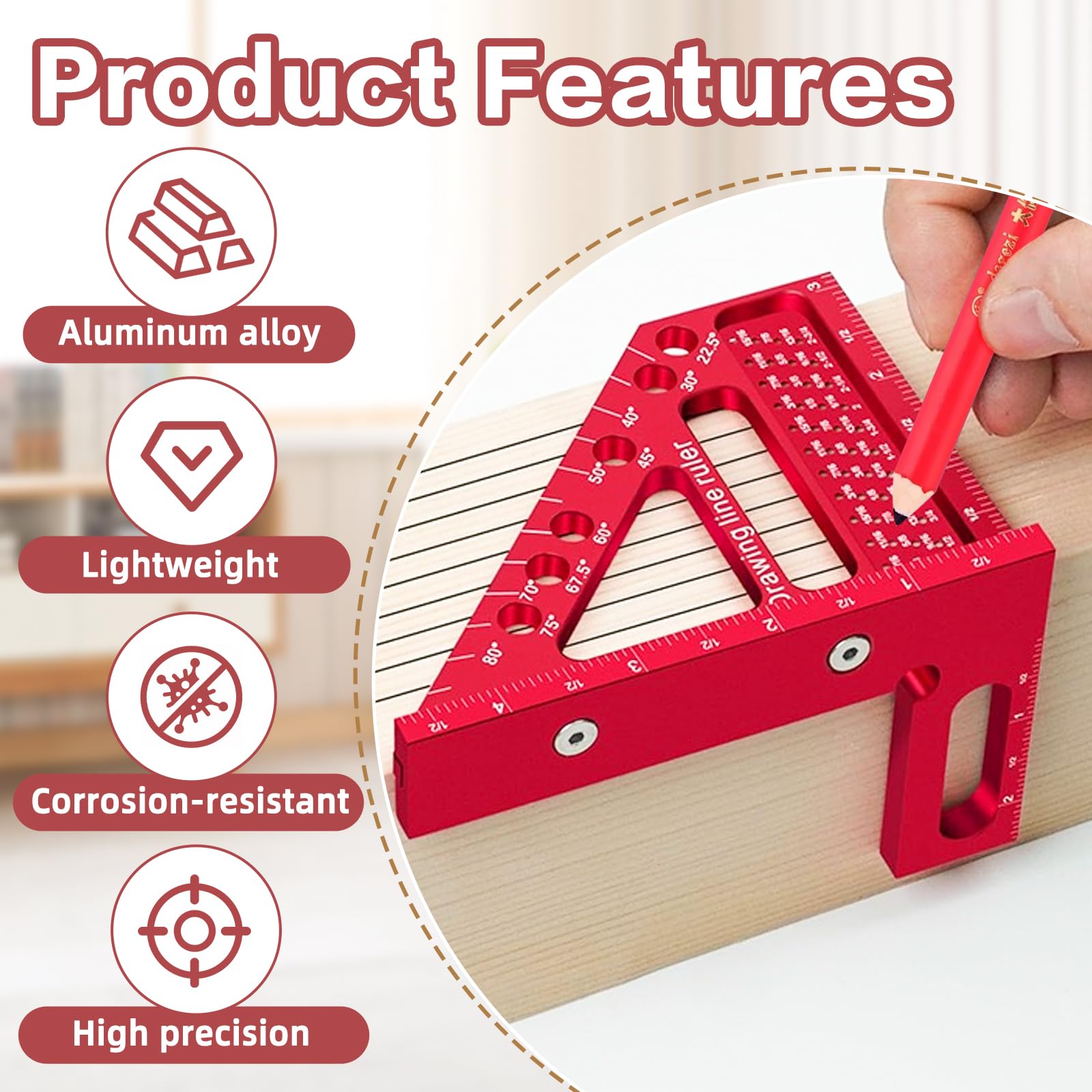 TPTGIAR Woodworking Right Angle Triangle Ruler, 22.5-90° Multi Angle Measurement Tool, High Precision Speed Square - Image 3
