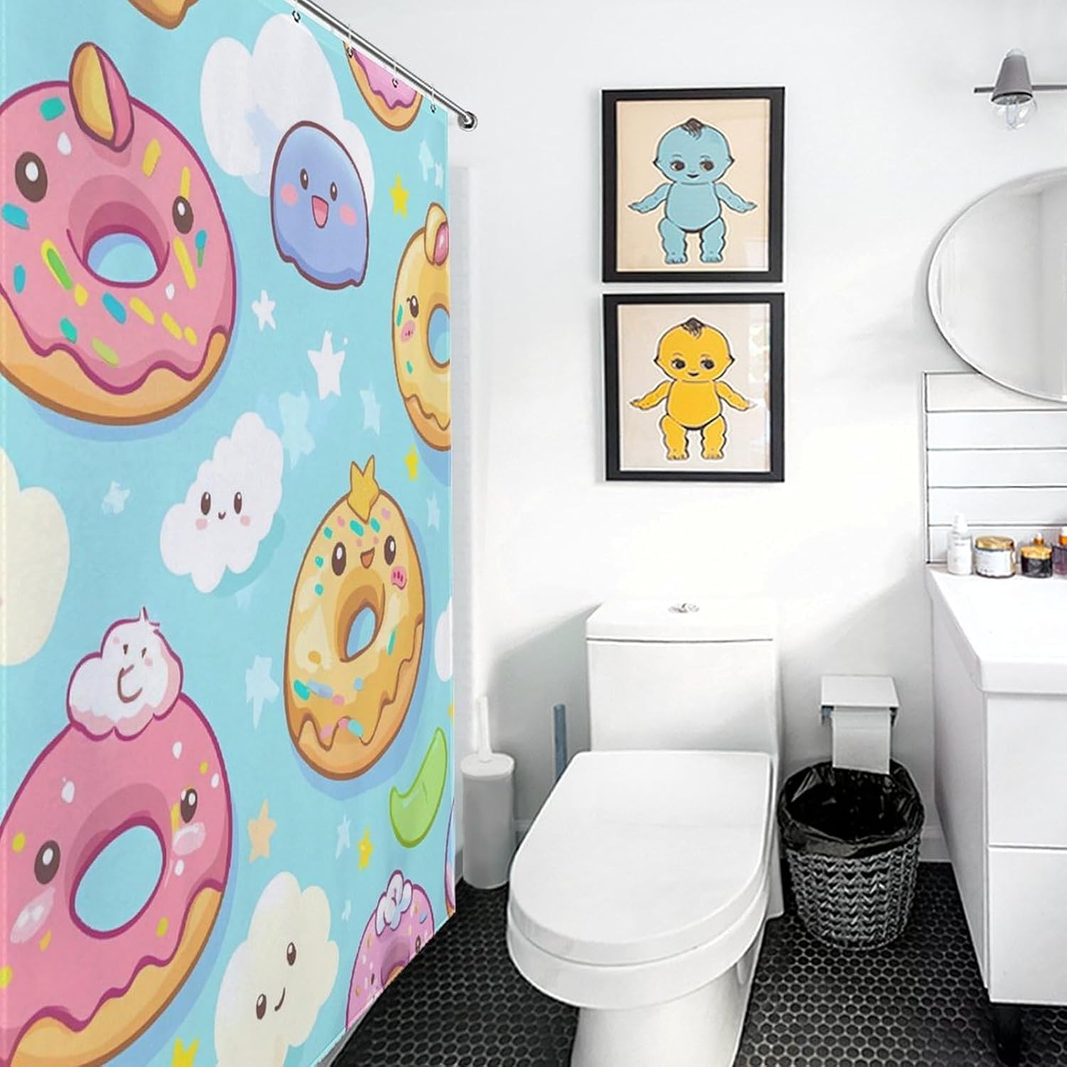 Cute Donuts Cartoon Bath Curtain Waterproof Shower Curtains with Hooks for Bathroom Showers and Bathtubs