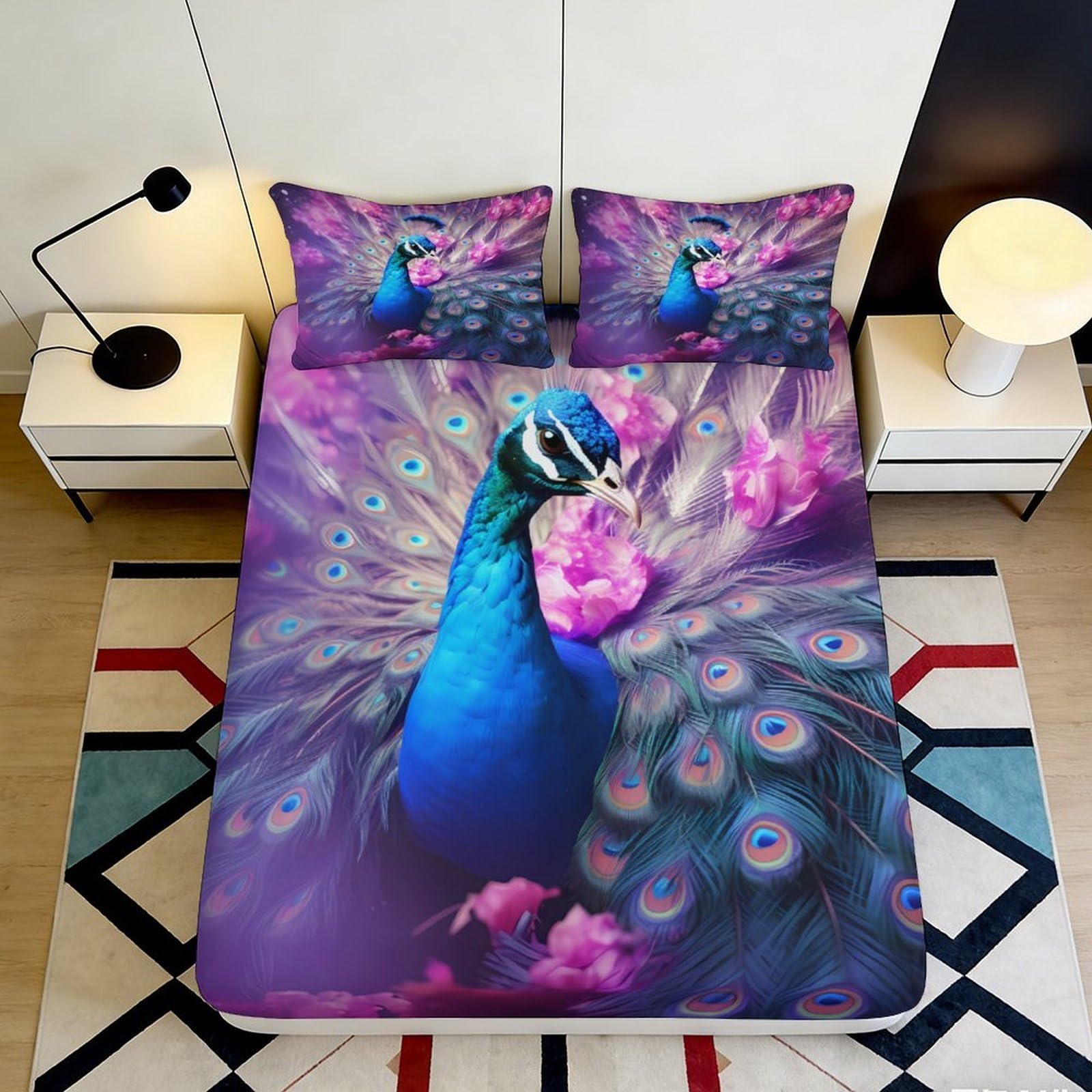 Uxinyoume Style-10 3D Printed Peacock Art Fitted Sheet Microfiber Soft Anti-Slip Purple Feathers Bed Cover For Bedroom Guest Room 90X200x25cm