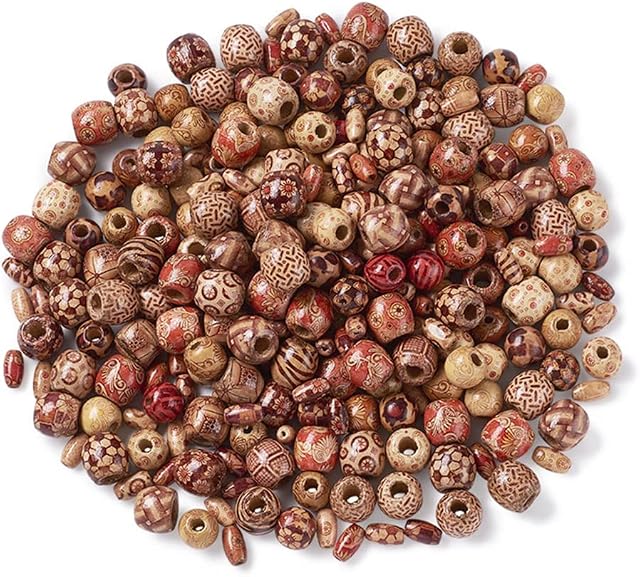 NewZC 420pcs Printed Natural Wooden Beads Set Mixed Shapes and Sizes Loose Spacer Beads with Holes for Jewelry Making DIY Necklace Bracelet Dream Catcher Hair and Moustache Decoration