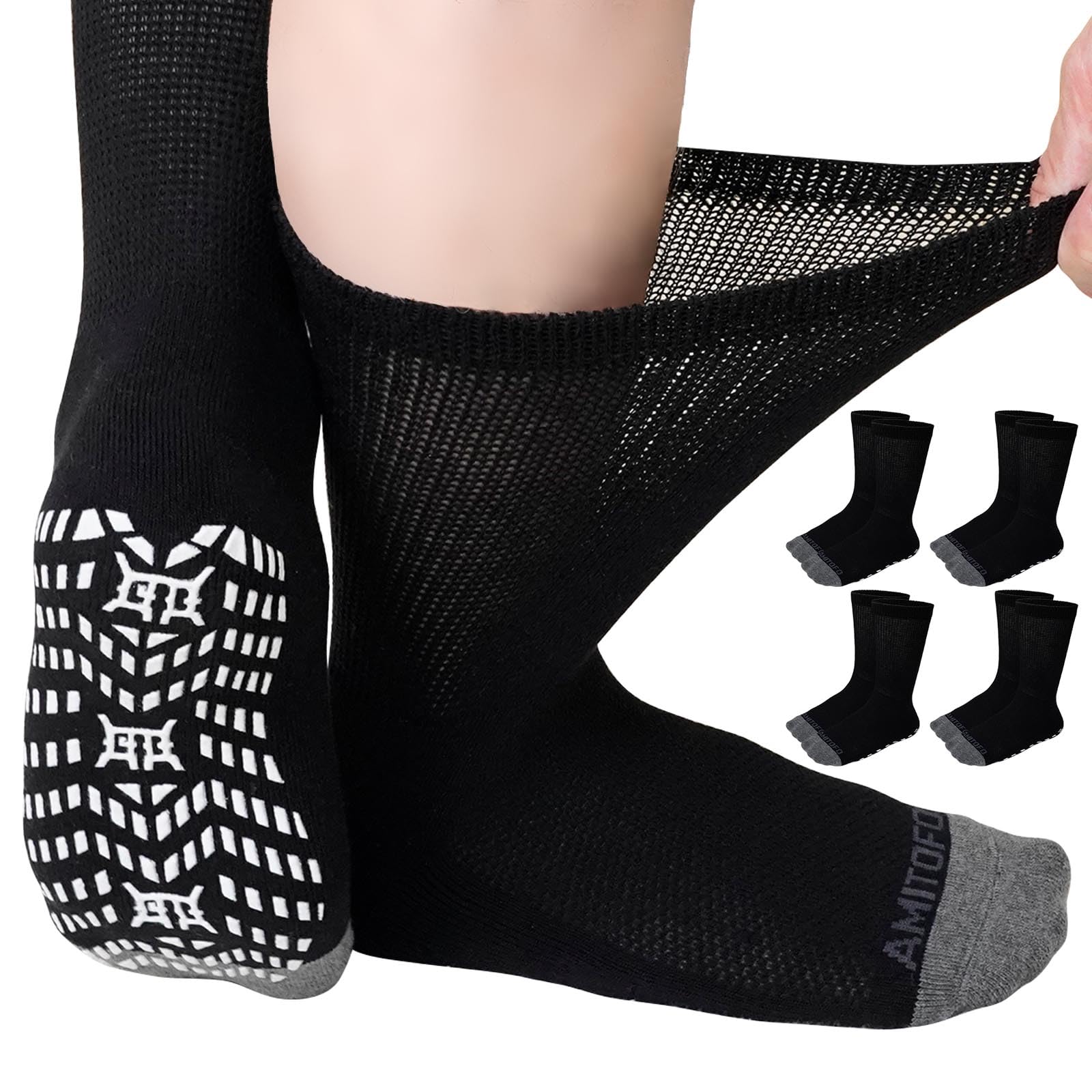 CaiDieNu Non Slip Diabetic Socks: 4 Pairs Extra Wide Hospital Socks for Men Women with Grips Elderly Edema 9-15
