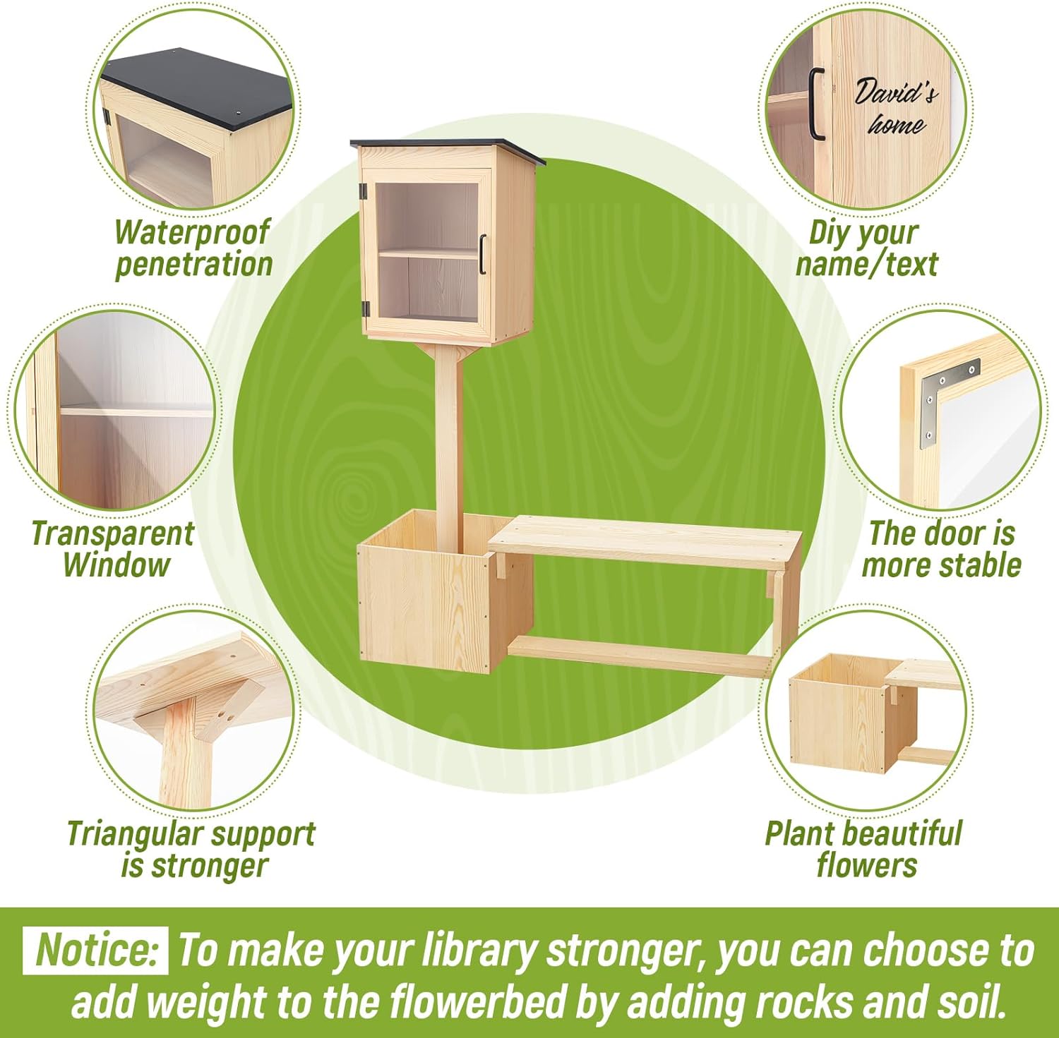 Little Library Box Outdoor with Bench Set, Durable Weatherproof Solid Wood Exchange Box with Floor Plugs and Flower Fence for Neighborhoods, Community, School(Wood)