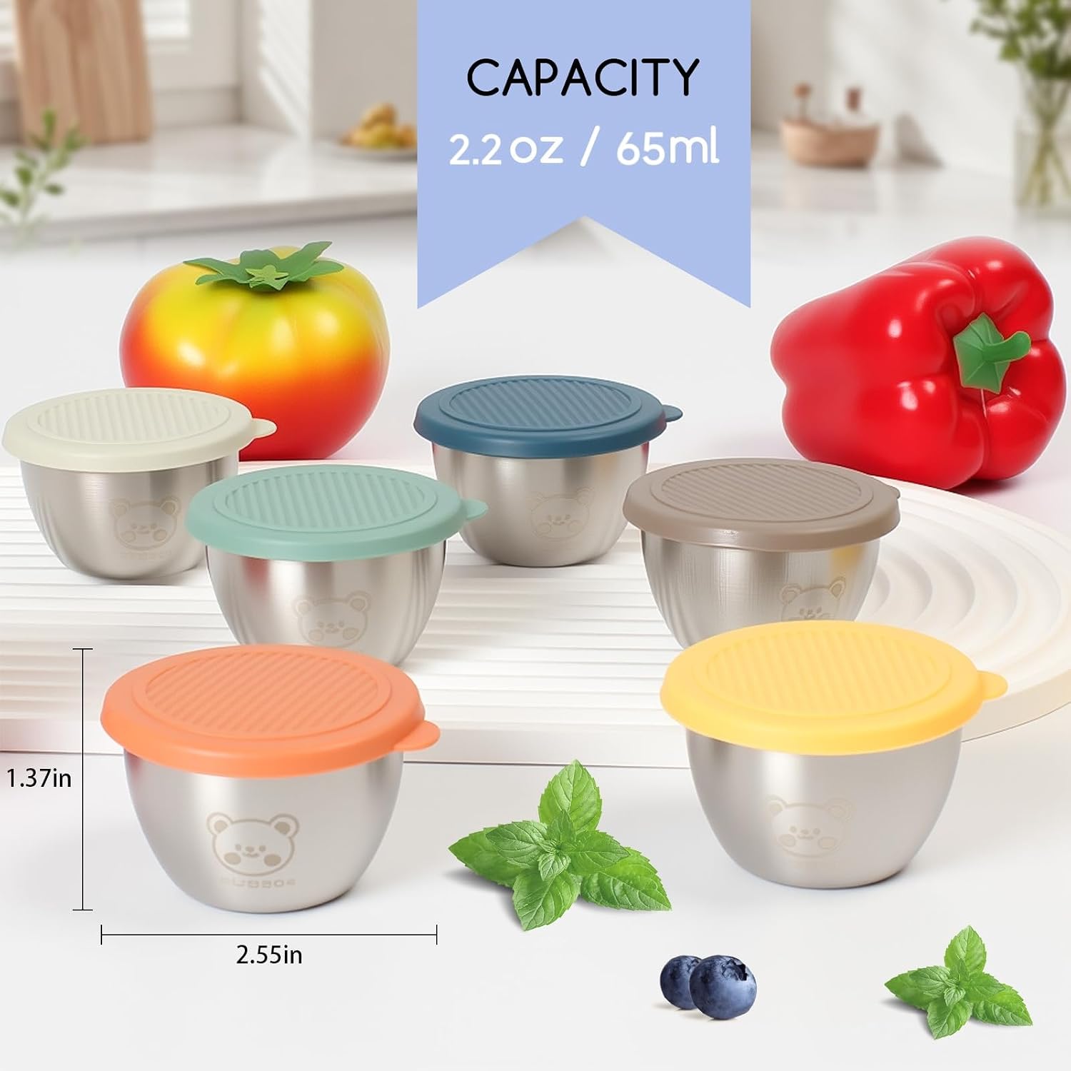 6x2.2oz Salad Dressing Containers With 6-Color Lids, Small Condiment Containers with Leakproof Silicone Lids, Reusable Stainless Steel Sauce Cups,For Lunch Boxes,Picnics,Meal Prep and Storage image 2