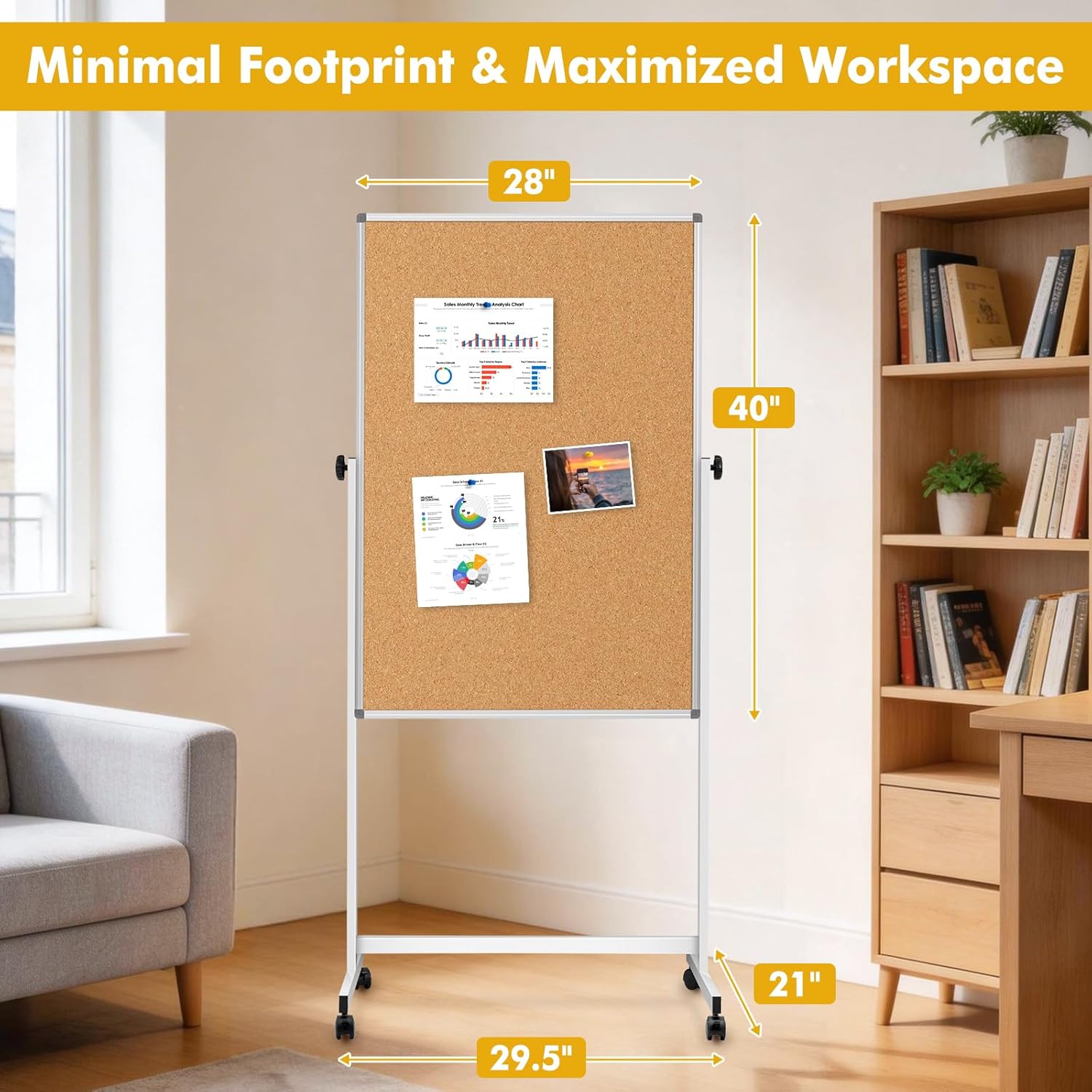 Rolling Whiteboard & Corkboard Combo with Stand, 28"x40" Reversible Double-Sided White Board Cork Board Combination, Mobile Dry Erase and Bulletin Boards on Wheels