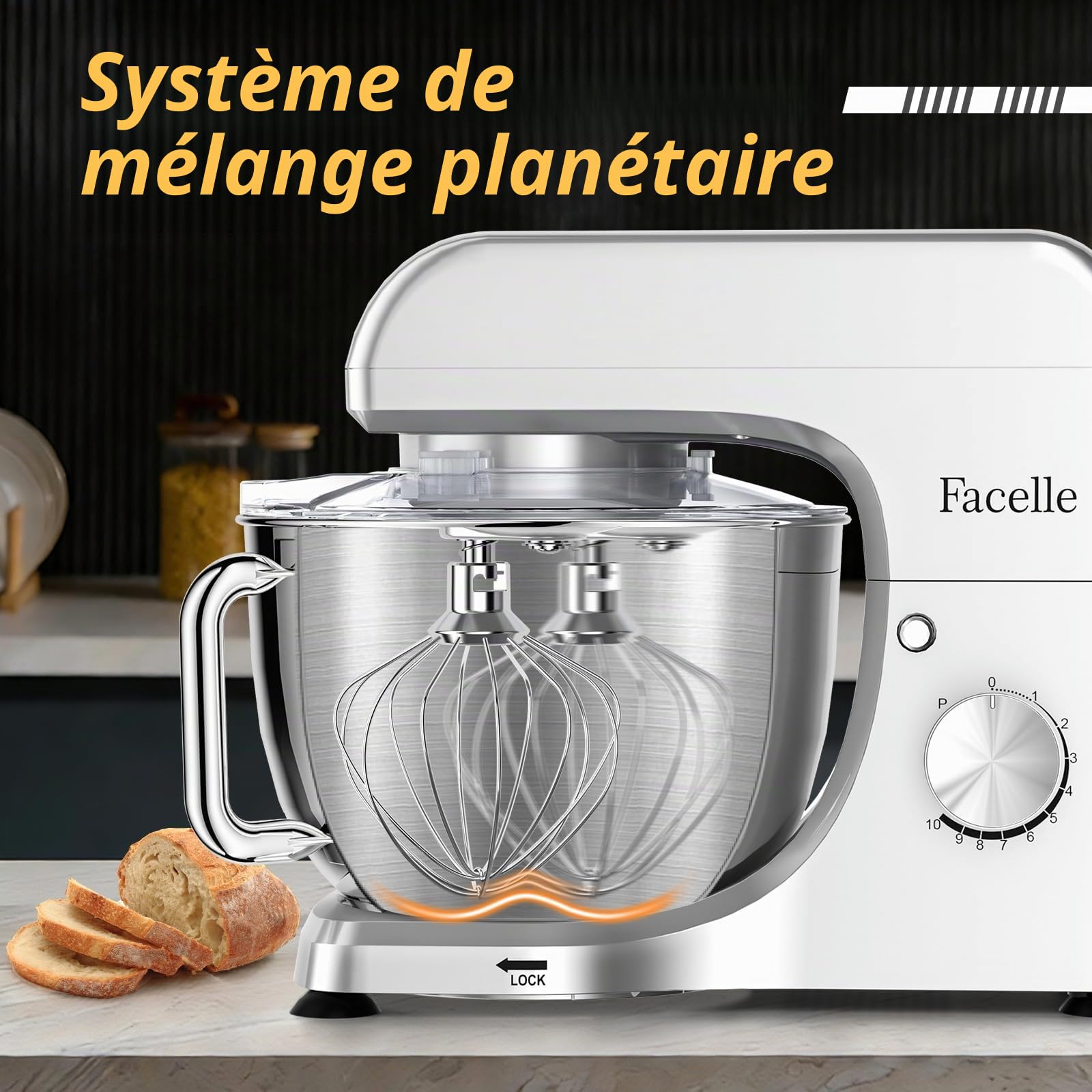 Robot Pâtissier 1500W, Bol en Inox 5.5L, 10 Vitesses + Pulse