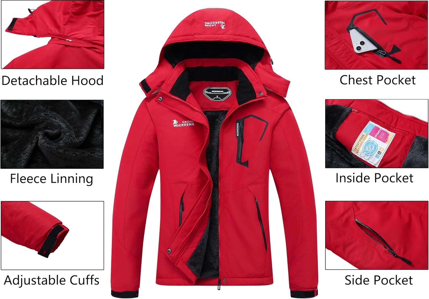 MOERDENG Women’s Waterproof Ski Jacket Warm Winter Snow Coat Mountain Windbreaker Hooded Raincoat Jacket