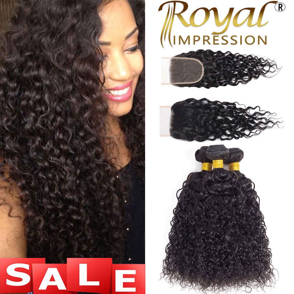 12A Curly Bundles Human Hair with Closure (16 18 20+14") Brazilian Curly Hair 3 Bundles with Closure 100% Unprocessed Virgin Kinky Curly Human Hair Weave Bundles with Closure Natural Color