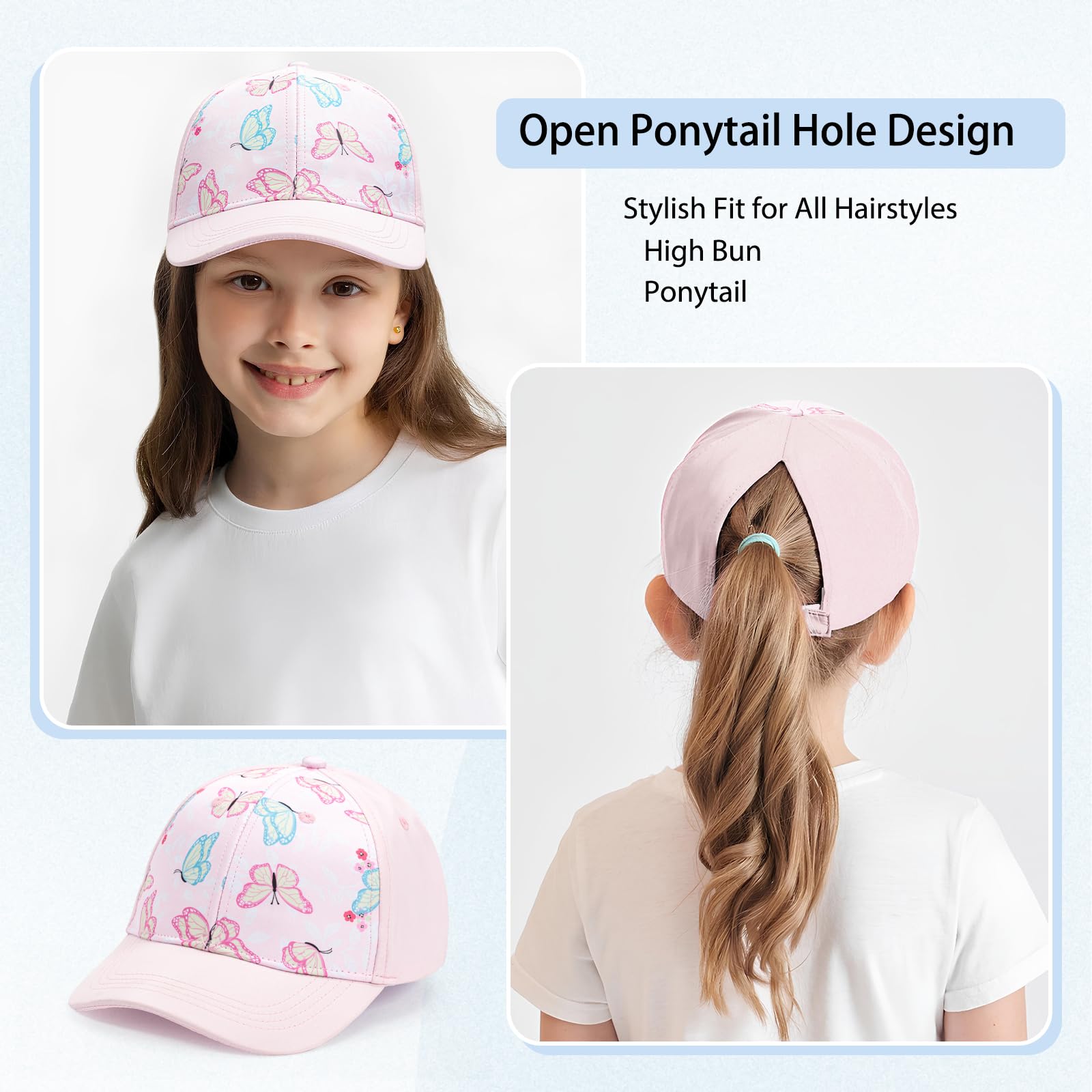 Gorra Niña para 6-8 Años, Béisbol Visera con Agujero para Coleta, Ajustable, Protección Solar UV, Gorro Trucker Verano Primavera 53CM – Regalo para Niñas