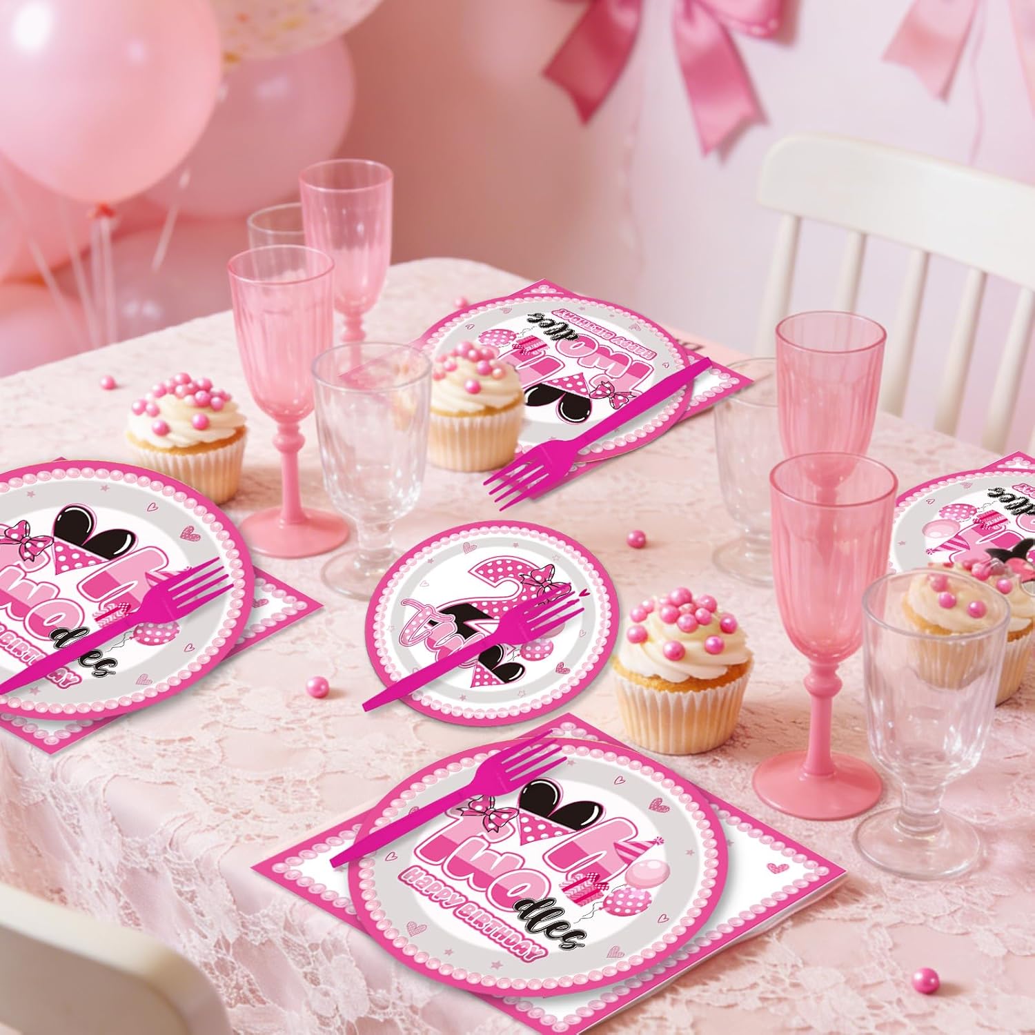 96 Pcs 2nd Birthday Party Tableware Set, Pink Bow Mouse Theme Disposable Plates Napkins Forks, Two Year Old Birthday Supplies Favors, Serves 24