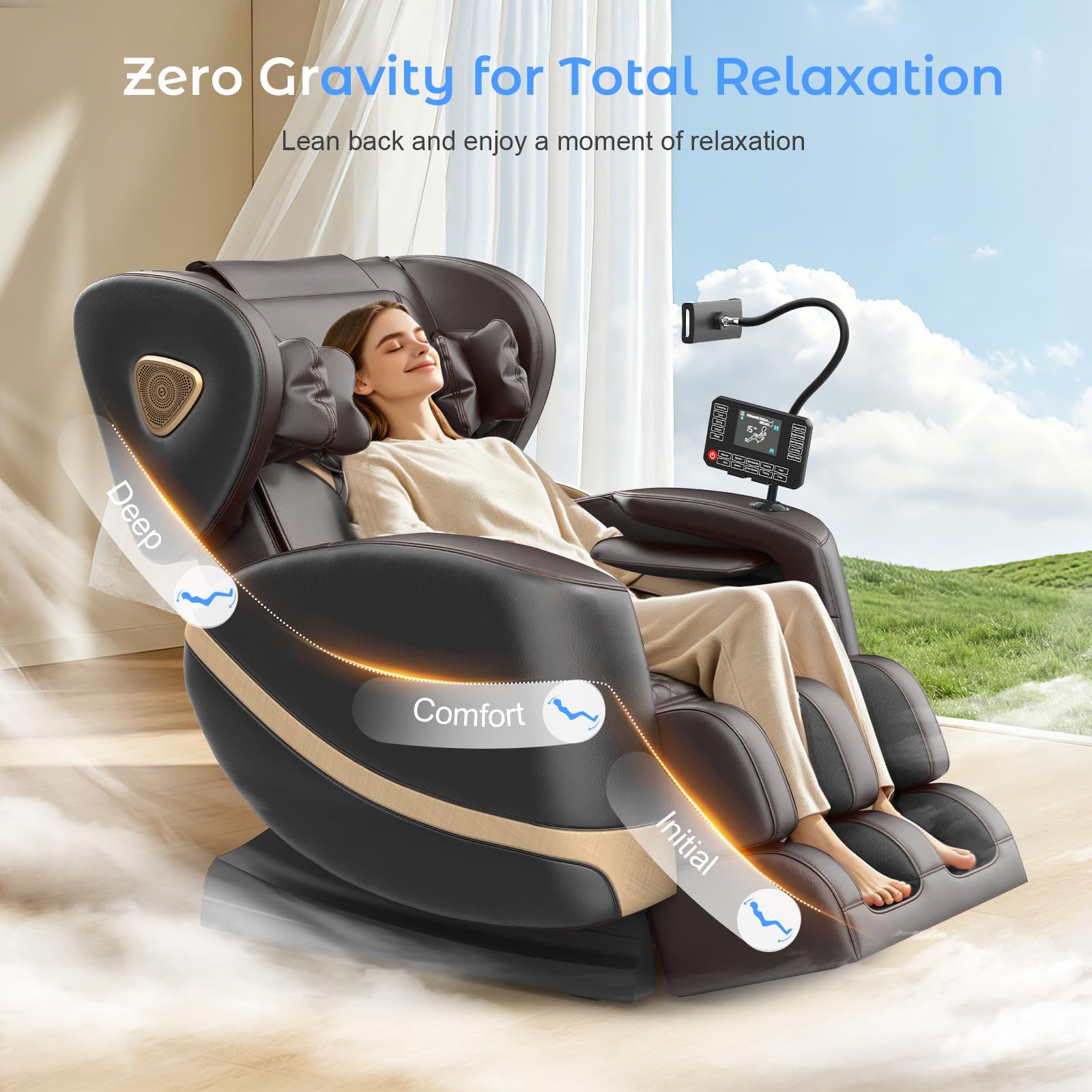 Poltrona Massaggiante per Tutto il Corpo con Rulli e Airbag, Funzione Zero Gravity, Altoparlanti Bluetooth e Touchscreen, Funzione Riscaldante per Vita e Gambe, con Massaggio Plantare (Nero + Marrone)