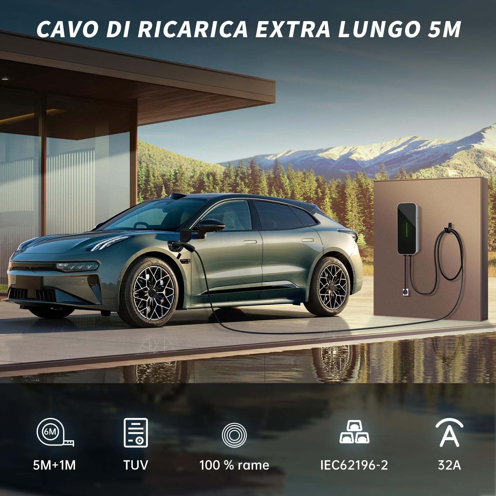 Ricarica Auto Elettrica, 7KW Tipo 2 Cavo Ricarica EV[32A | Monofase | 6m], IP66 Wallbox Caricabatteria per Veicolo Elettrico Compatibile con Model 3,BMW i3 e Altri EV/PHEV
