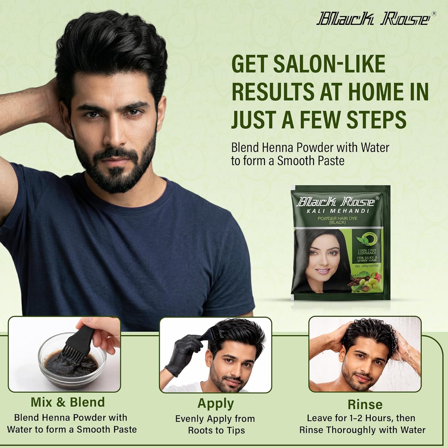 Black Rose Kali Mehndi Herbal Black Henna Hair Color | Natural Hair Dye for Men & Women | 5 Sachets (10g Each, Total 50g) | Powder