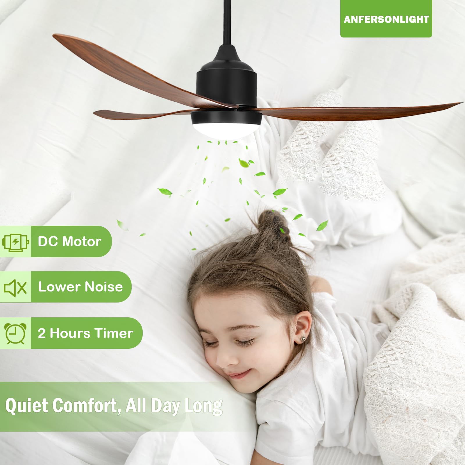 Ventilador de techo exterior con luz y mando a distancia, 132 cm, con 3 alas para tienda de campaña, motor CC impermeable, 6 velocidades reversibles, regulable, temperatura