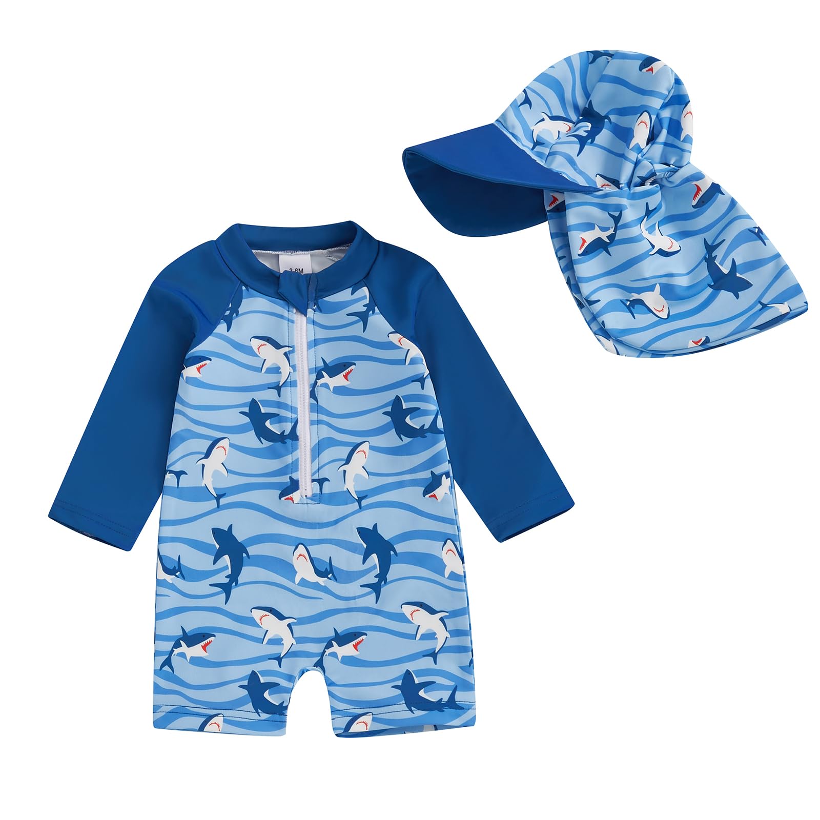 Infant Baby Boy Girl Swimsuit One Piece Long Sleeve Zipper Bathing Suit Toddler Rash Guard Kids Swimwear with Hat
