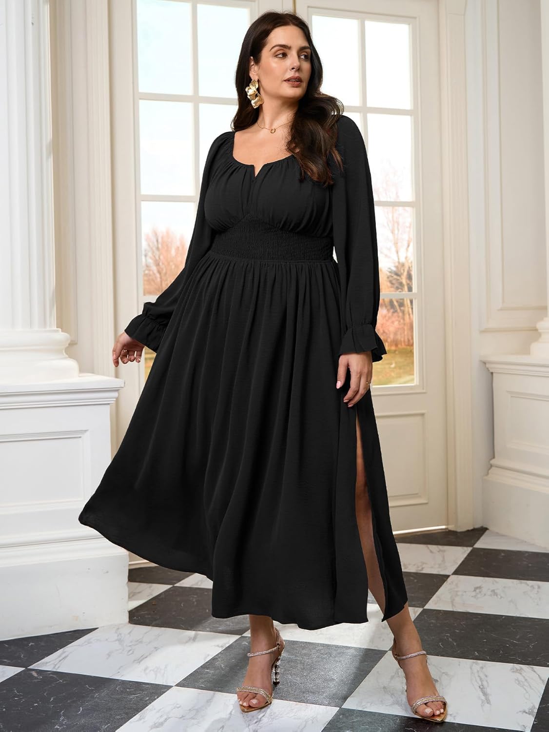 Plus Size Maxi Dresses for Curvy Women Wedding Guest Long Sleeve Square Neck Smocked Empire Waist Slit Long Dress - Image 6
